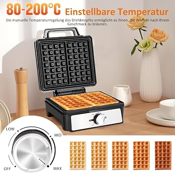 Aigostar Waffle Iron for 2 Belgian Waffles 1600 W Non-Stick Coating 20.2 x 17.2 x 2 cm Waffle Maker with Adjustable Temperature LED Display Compact Stainless Steel Design BPA and PFOA Free