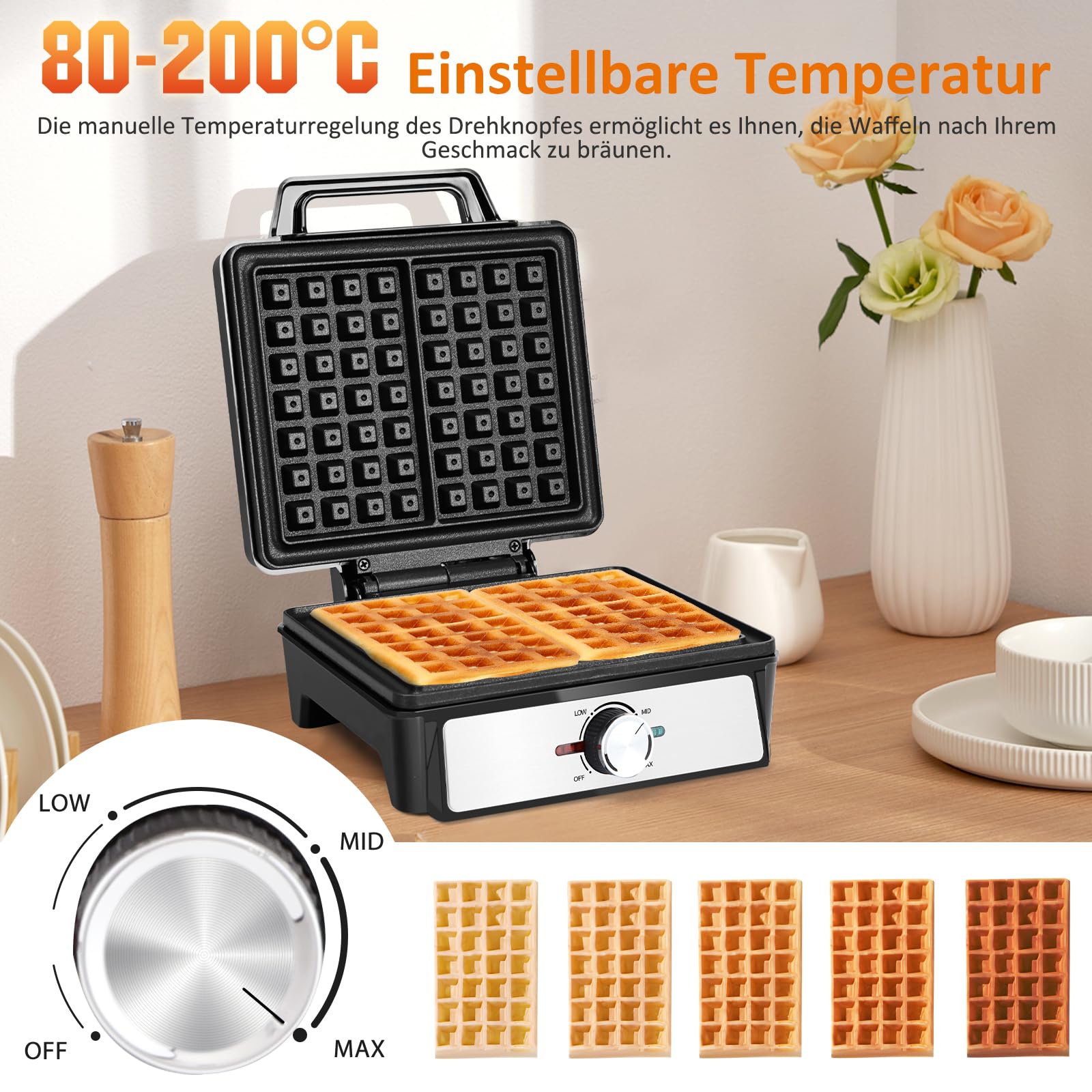 Aigostar Waffeleisen für 2 belgische Waffeln, 1600W, Antihaftbeschichtung, 20,2x17,2x2 cm, Waffelautomat mit einstellbarer Temperatur, LED-Anzeige, kompaktes Edelstahl-Design, BPA und PFOA frei