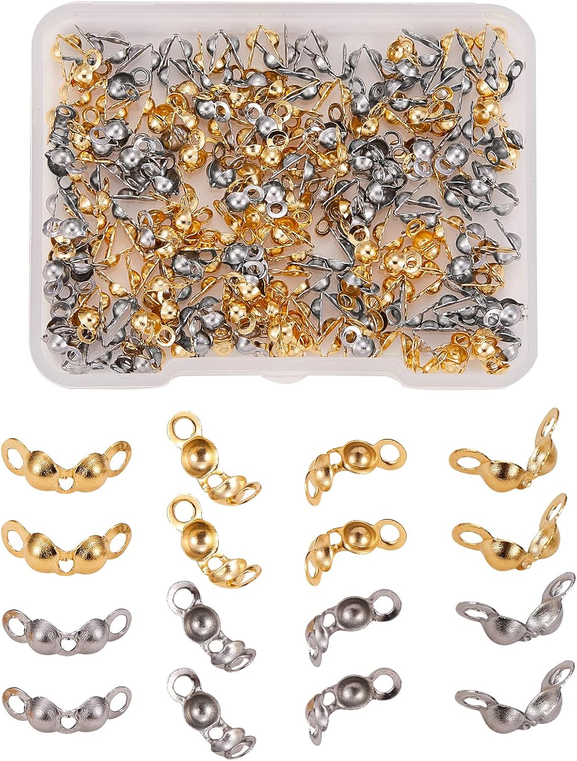 LiQunSweet 200 Pcs 2 Colors 304 Stainless Steel Bead Tips Calotte Ends Fold-Over Clamshell Knot Cover Knots & Crimp Ends Caps for Jewelry Making