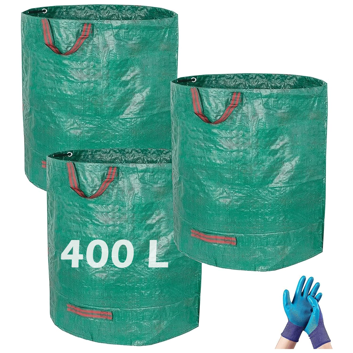 Htt Global Green Heavy Duty Garden Waste Bags With Gloves, Set Of 3 Reusable 400L Sacks With Sturdy Handles, Foldable Leaf, Grass & Yard Debris Containers, Large Outdoor Cleanup Bags (4 Pcs)