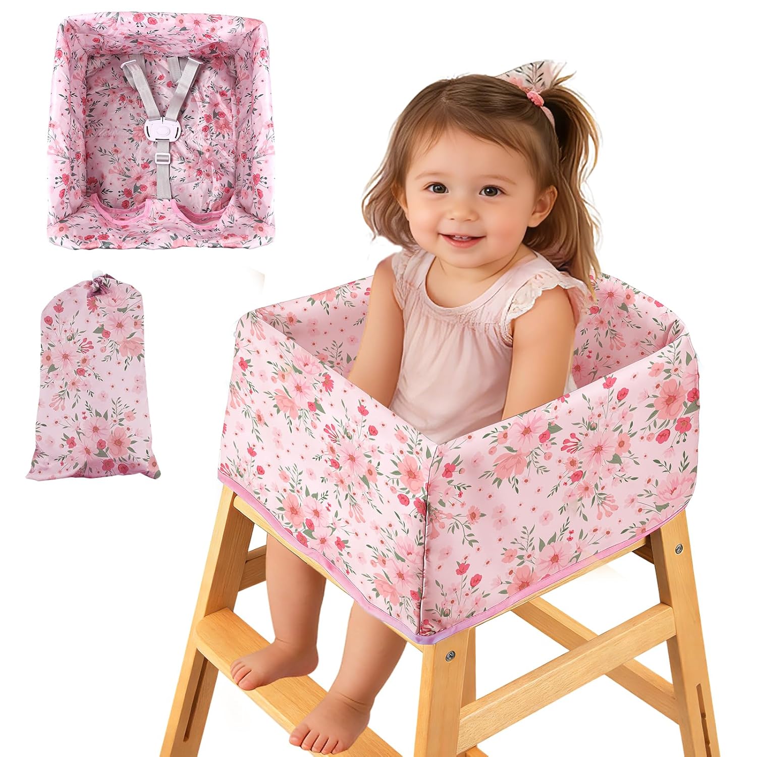 BEBOAN High Chair Cover for Restaurant, Portable Highchair Seat Covers with 3-Point Adjustable Safety Harness and Bag, for Eating/Travel/Home Use, Machine Washable, Fit Wooden Chairs (Pink Flower)