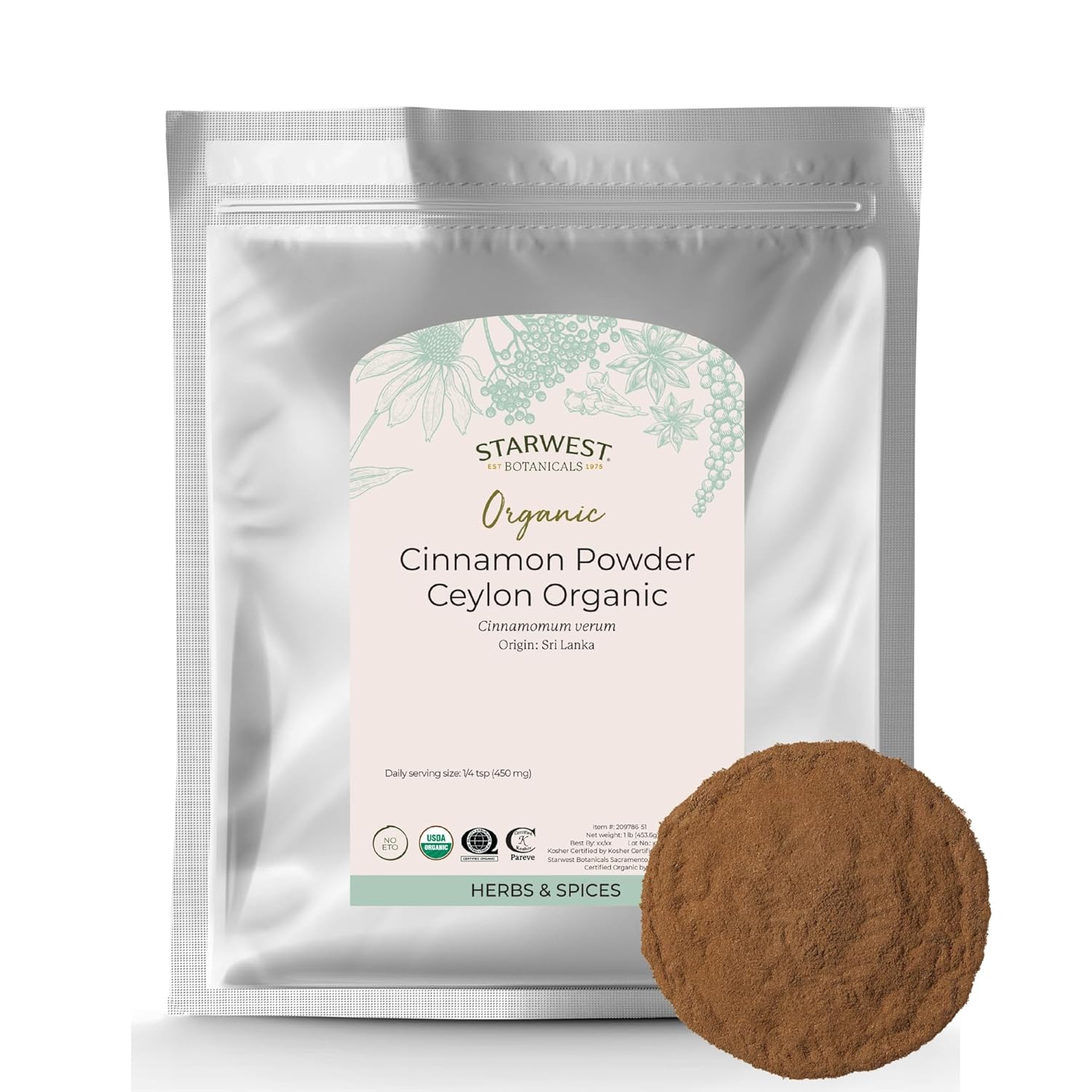 Starwest Botanicals Organic Ceylon Cinnamon Powder - Spice for Tea, Cooking, & Baking, Sweet & Mellow Flavor, Certified Kosher, Non-GMO - Bulk 1 lb Bag