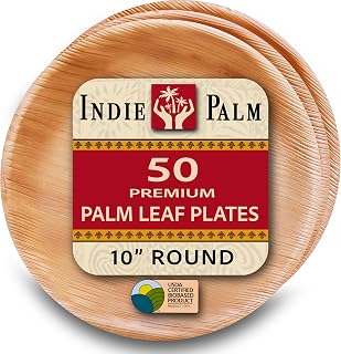 Indie Palm Disposable Palm Leaf Plates – 50 Pack 10 Inch Round – Heavy Duty, 100% Compostable & Biodegradable – Eco-Friendly Alternative to Plastic & Bamboo – Perfect for Parties & Events