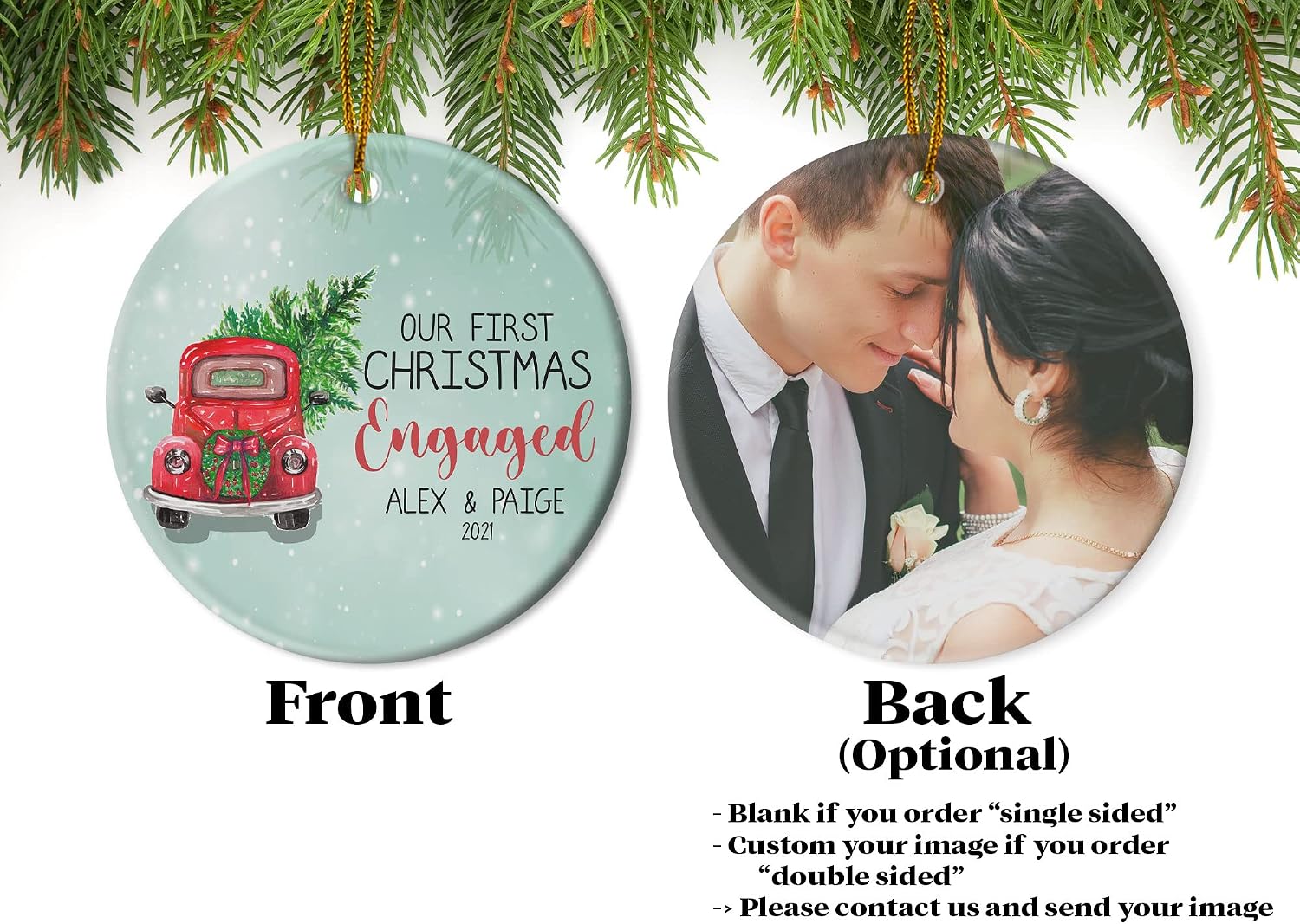 Our First Christmas Engaged 2022, Personalized Name Newly Married Ceramic Ornament, Custom Photo Ornament, Gifts for Lover, Couple, Customized Gift for Family, Xmas Tree Ornaments Hanging