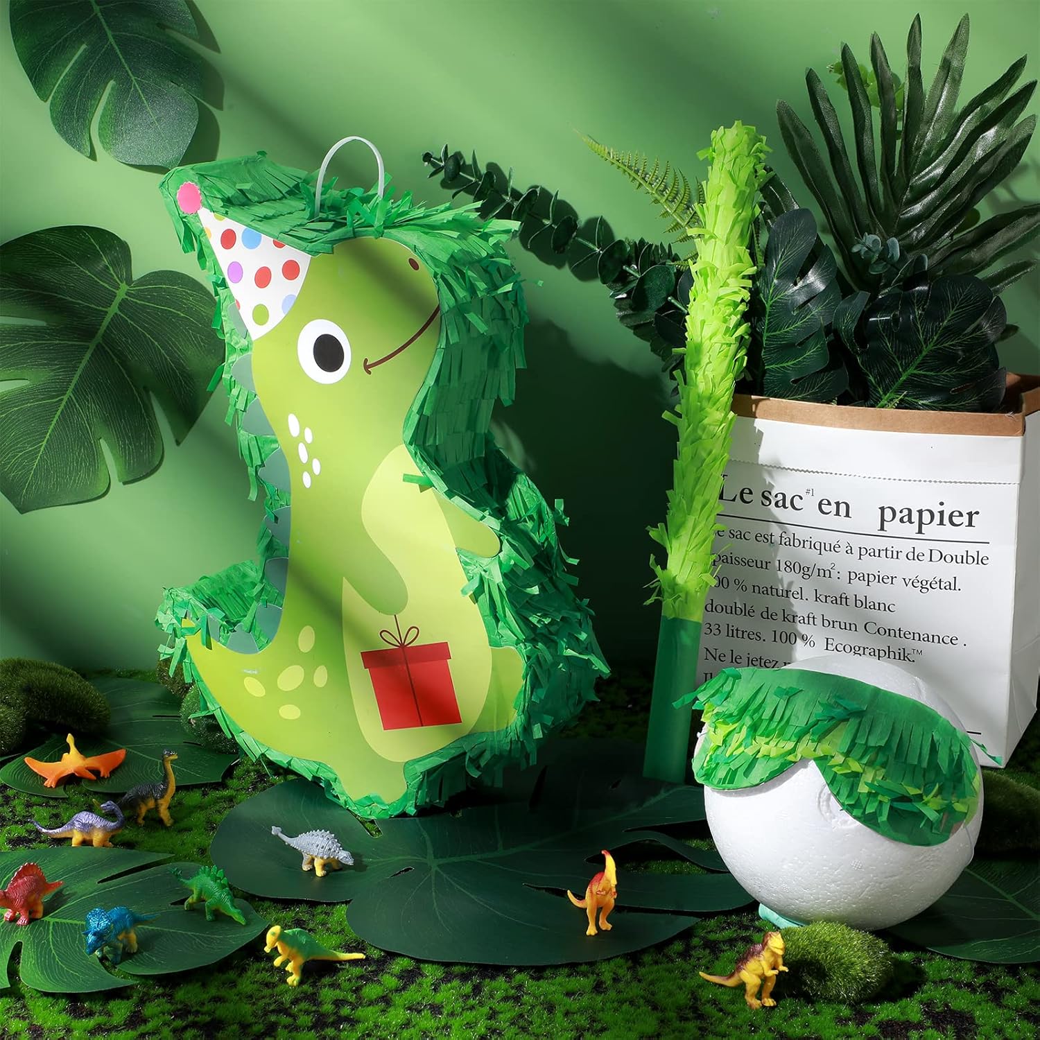 Dinosaur Piñata with a Blindfold and Stick Cute Large Dino Piñata for Easter Mexican Fiesta Birthday Decorations Animal Dinosaur Themed Party Favors (Green)