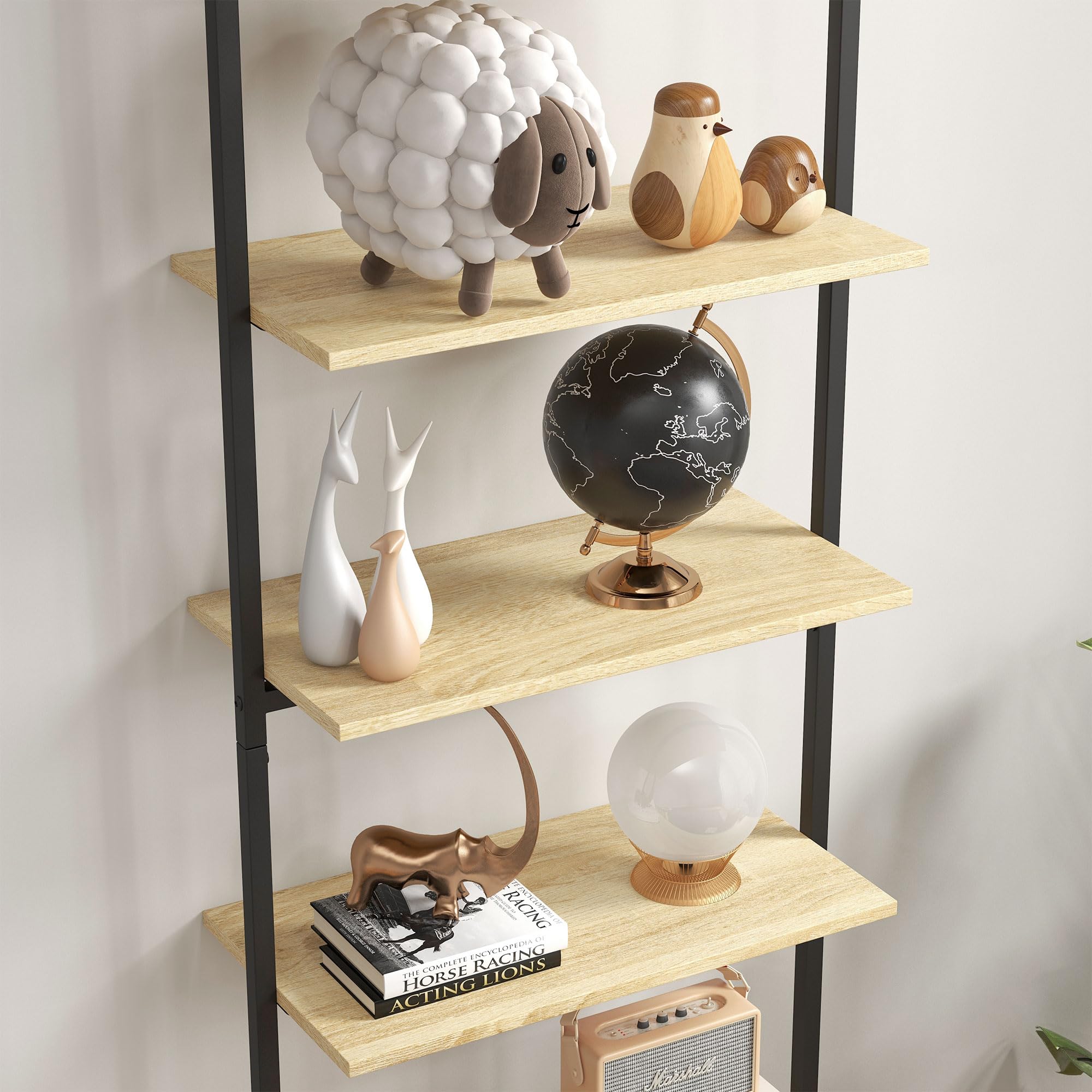 HOMCOM Scaffale scala da parete libreria scaffale portaoggetti stile industriale 6 ripiani in acciaio nero effetto legno naturale - dim. 60L x 30L x 206H cm