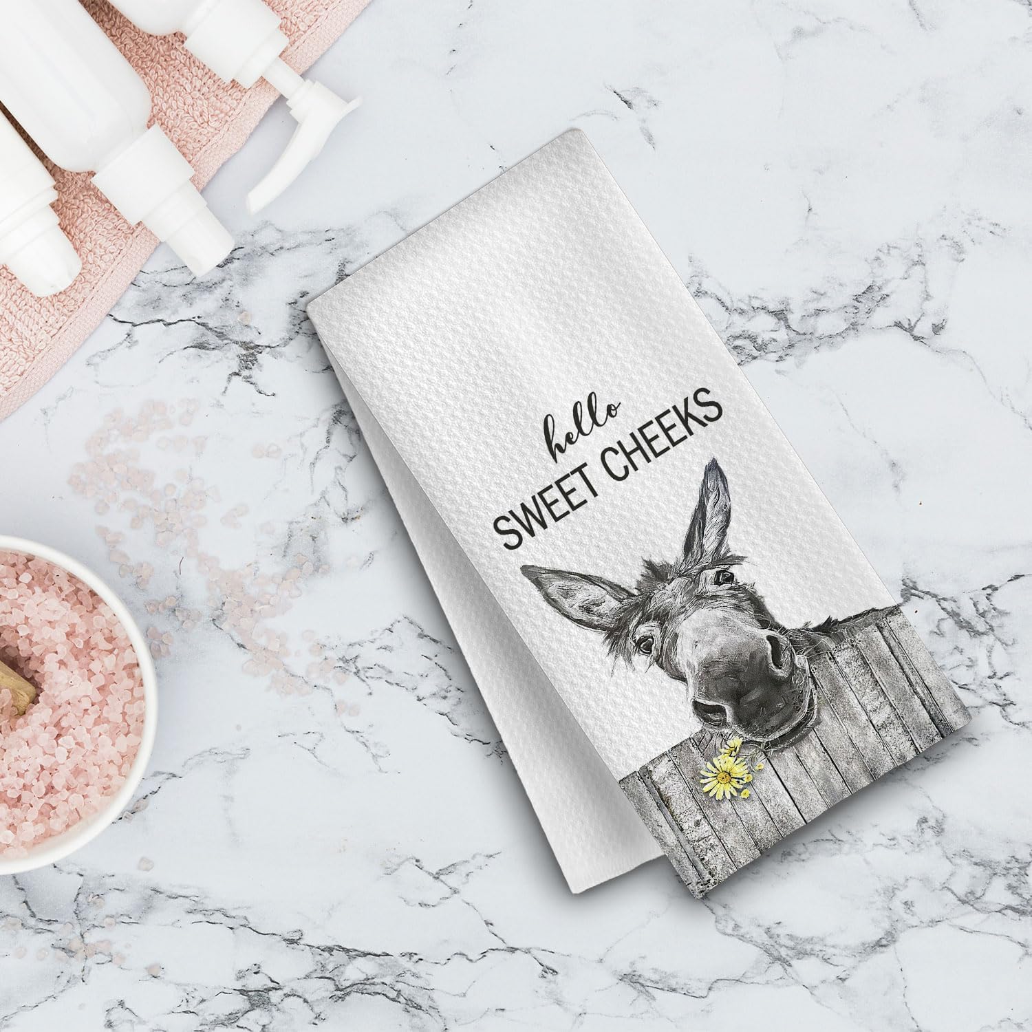 Funny Donkey Hand Towels - Hello Sweet Cheeks Donkey Waffle Decorative Bathroom Towels, Farmhouse Hand Tea Towels for Bathroom, 16x24 Inch - Image 4
