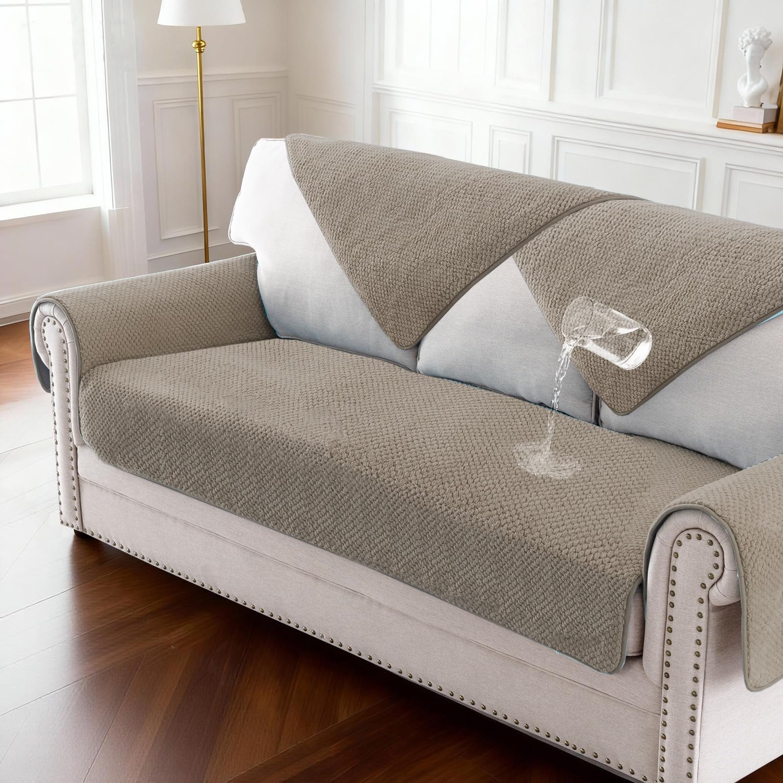 BellaHills Waterproof Sofa Cover 1 2 3 Seater Washable Non-Slip Seat Cushion Covers Flannel Couch Covers for Sectional Sofa, Sofa Slipcovers L Shaped Furniture Protector, 90x120 cm, Khaki