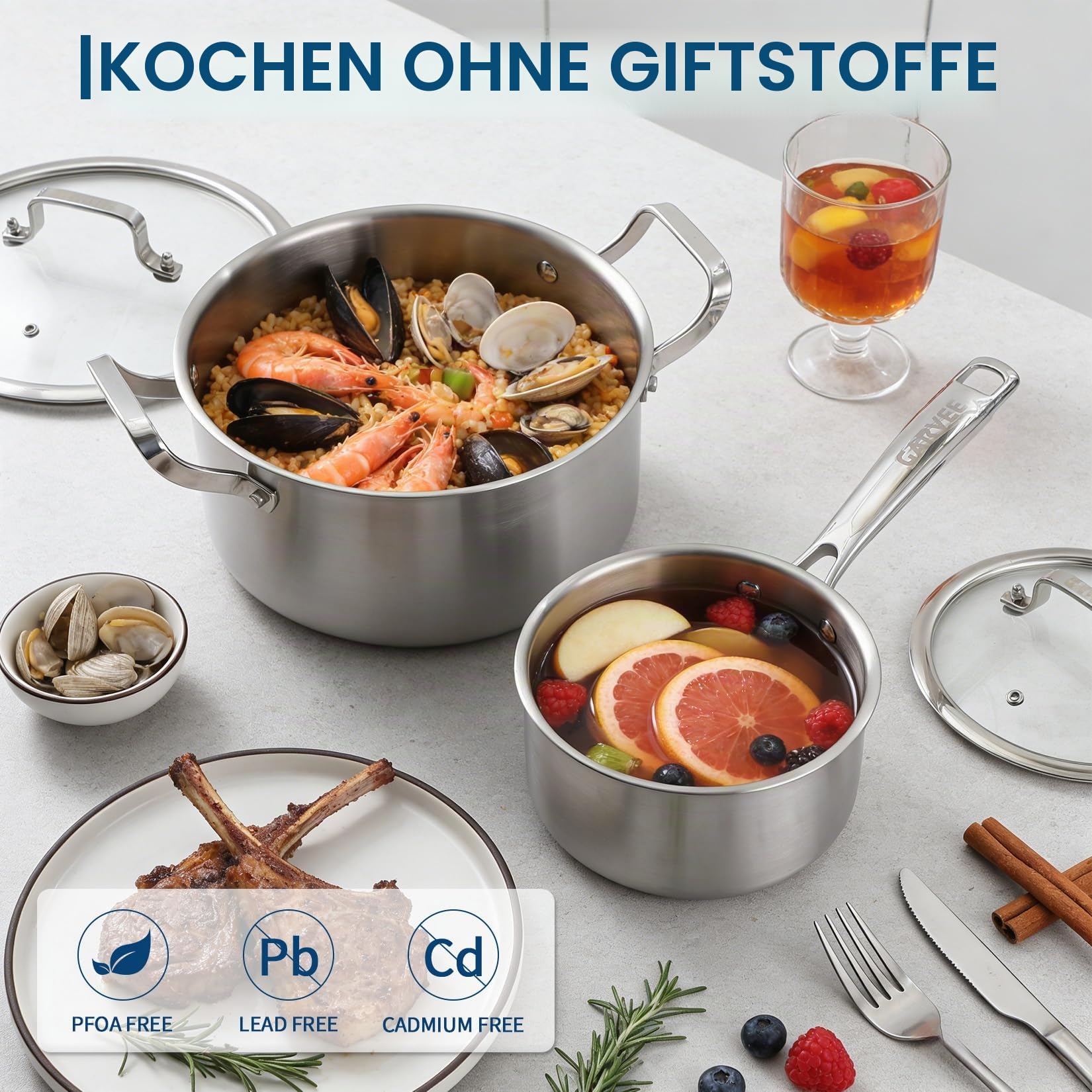 Garvee Tri-Ply Edelstahl Topfset 10-teilig, Induktions Kochgeschirr Set | mit Gleichmäßiger Wärmeverteilung, Kochtopfset PFOA-Frei und Ofenfest, für Alle Herdarten