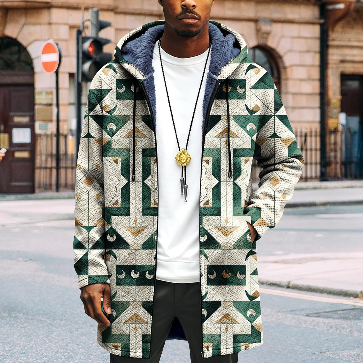 Zhyaj Long Hooded Cardigan Men Japanese Art Style Fashion Cool Graphic Streetwear Winter Warm Lined Fleece Jacket