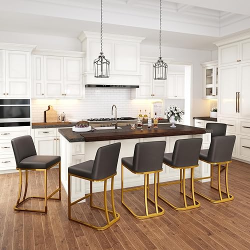 Miniatura 16 de PHI VILLA Juego de 4 taburetes de bar gris claro, sillas de altura de mostrador de piel sintética, taburetes de cocina para isla, taburetes de bar