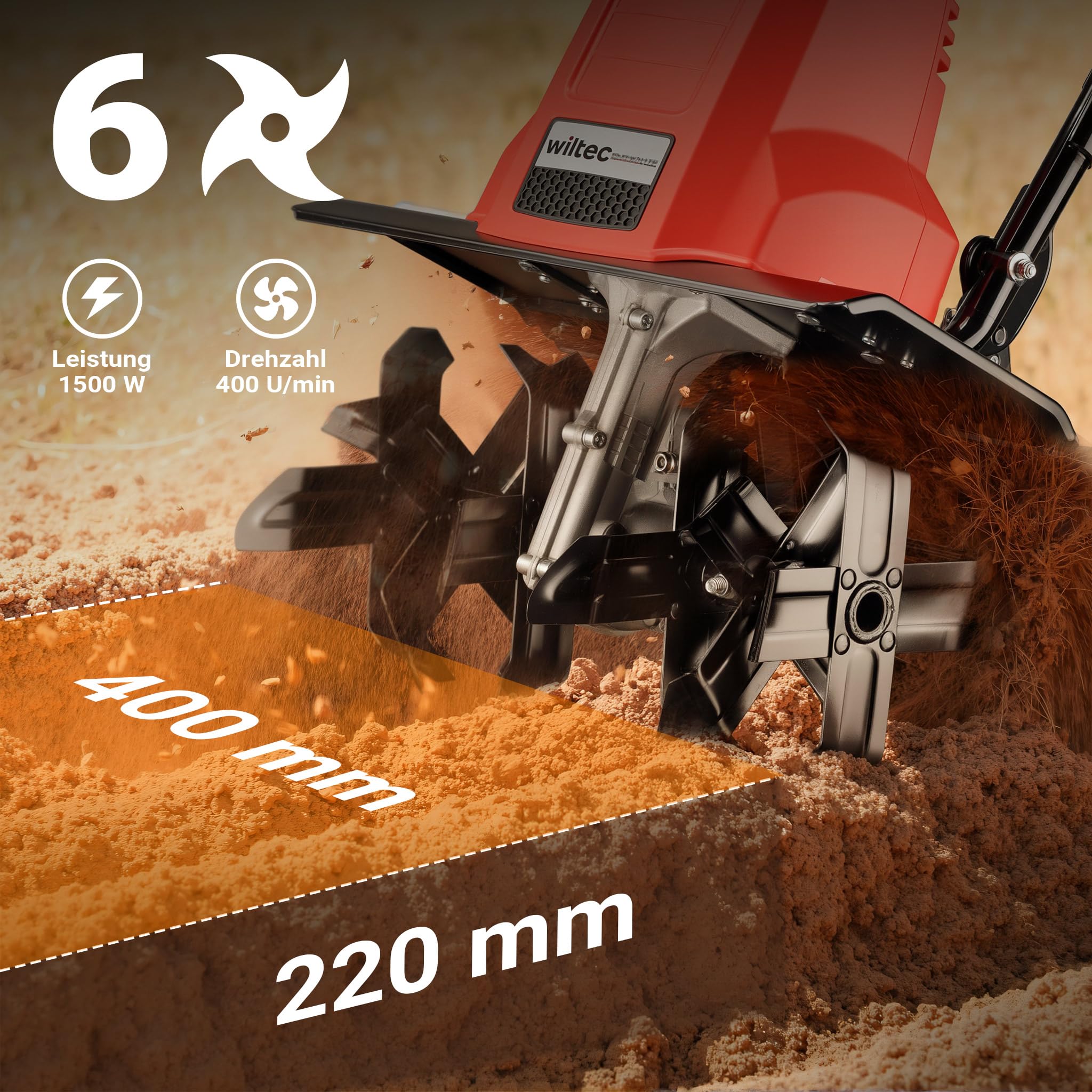 Wiltec Elektro Gartenhacke 1500 W mit 400 U/min, elektrische Gartenfräse mit 220 mm Arbeitstiefe, Motorhacke mit 24 Klingen, Bodenfräse auf Rädern
