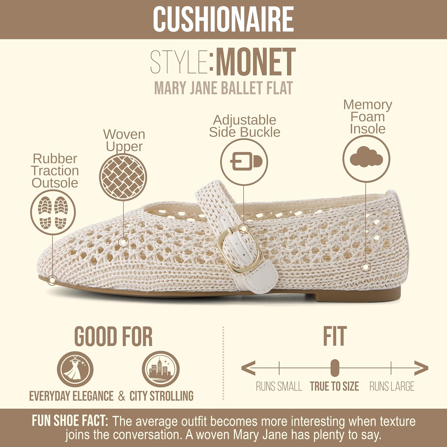 CUSHIONAIRE Monet Woven Mary Jane Flats for Women, Comfortable Ballet Flats with Adjustable Gold-Tone Buckle Strap and Memory Foam Cushioning