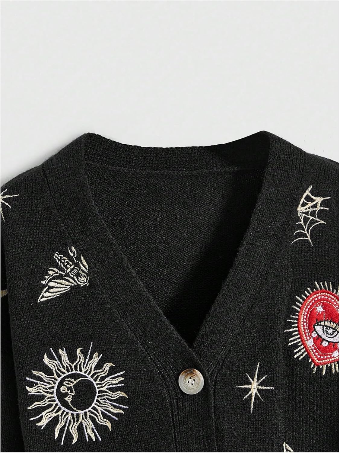 Women's Gothic Graphic Cardigan Sweater Goth Embroidered Lightweight Knitted Outerwear - Image 3