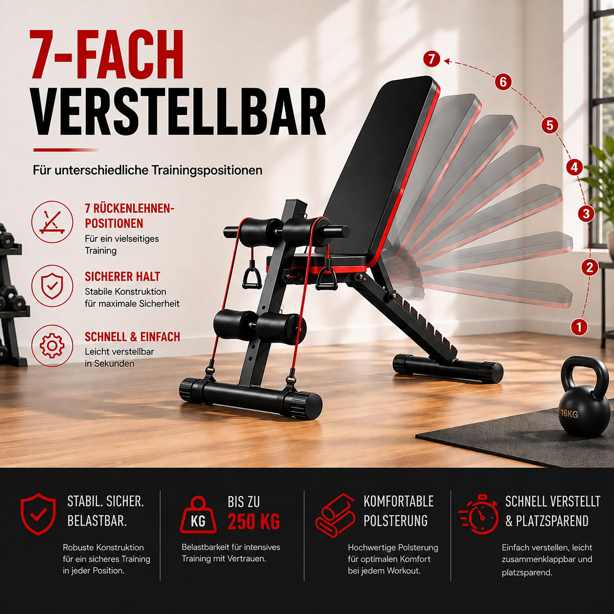 Klappbare Multifunktions-Hantelbank – Verstellbare Fitnessbank mit 250 kg Belastbarkeit, 7-fach verstellbarer Rückenlehne, Widerstandsbändern