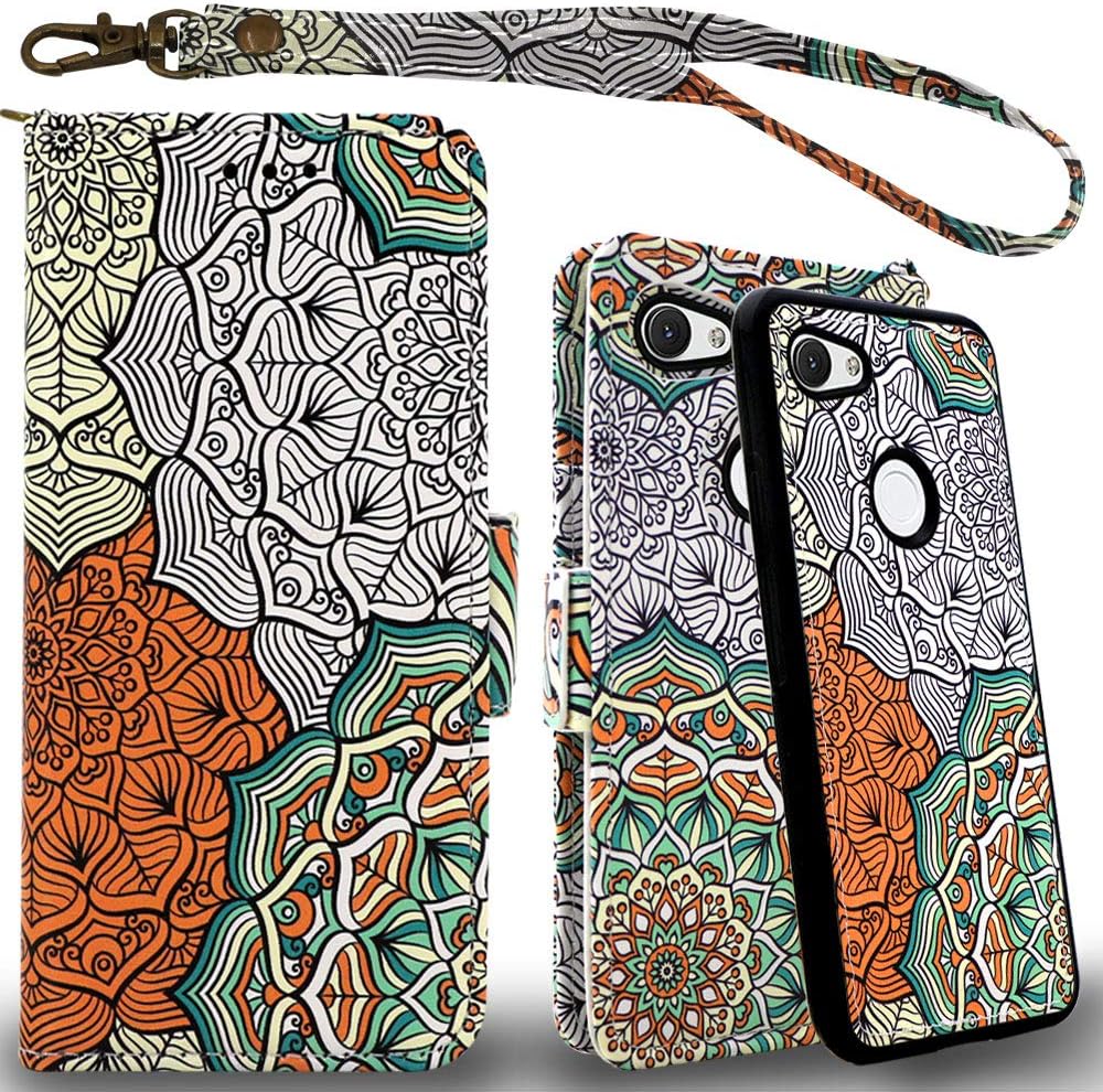 Mefon Google Pixel 3a Case Wallet Leather Detachable, with Tempered Glass and Wrist Strap, Enhanced Magnetic Closure, Card Slot, Kickstand, Durable Slim, Flip Folio Cases for Pixel 3a (Mandala 2)