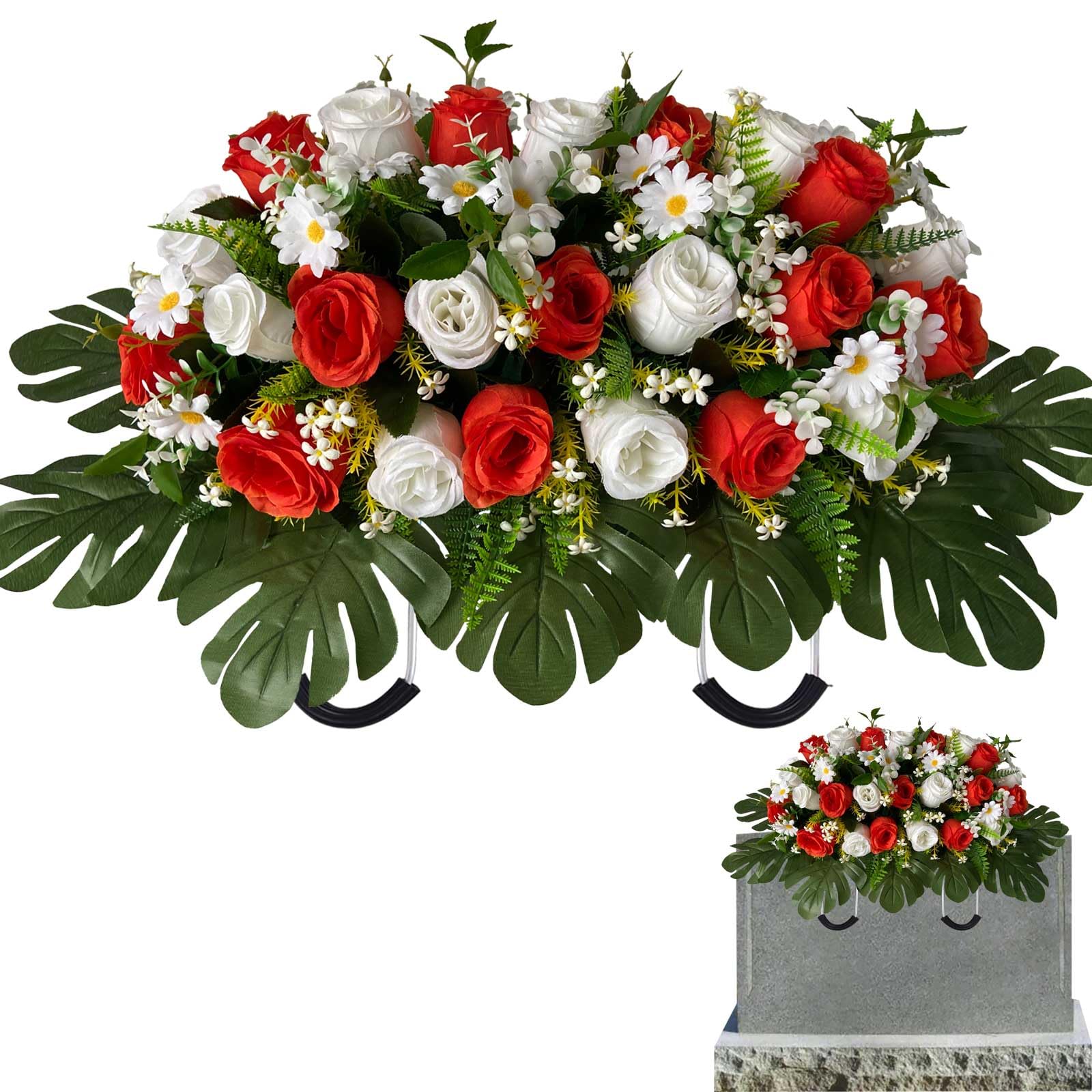 Iarxoxt Artificial Cemetery Flowers for Grave - Tombstone and Christmas Grave Stone Decorations - Mixed Roses and Daisies Saddle Flowers for Headstone