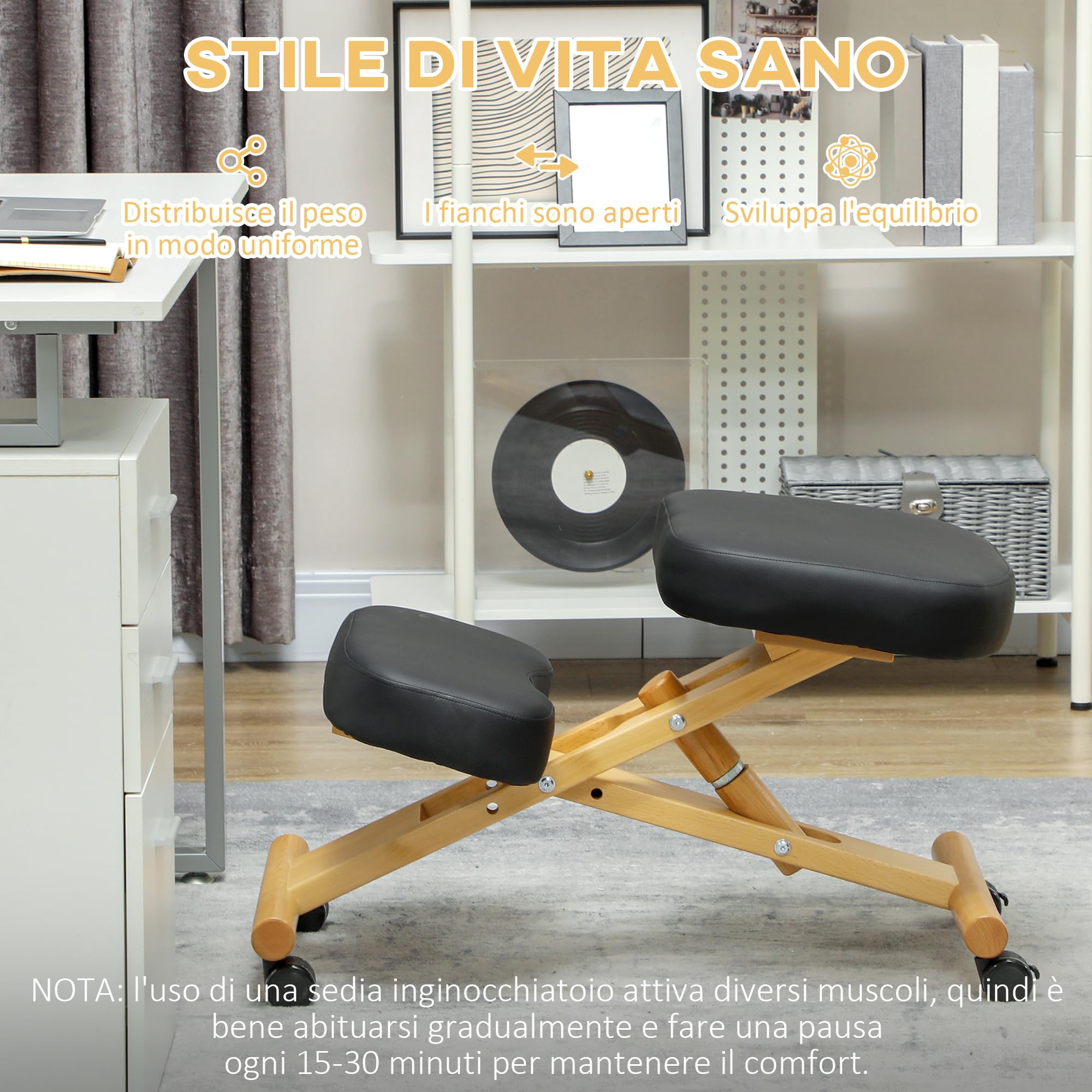 HOMCOM Sedia Ergonomica Inginocchiata con Rotelle in Legno di Caucciù Nero | Sedia Ergonomica Posturale da Ufficio e Casa, Sgabello Ergonomico Inginocchiatoio