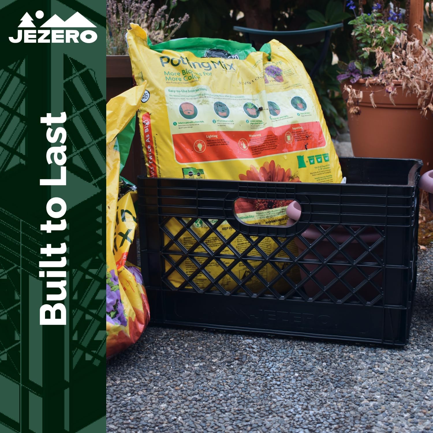 JEZERO 24 Quart Heavy Duty Plastic Crate | Stackable Multi-Purpose Storage Bin for Garage, Home, Office, Groceries, Outdoor, Camping & Kayaking | Black Utility Tote, 19" x 13" x 11" - Image 5