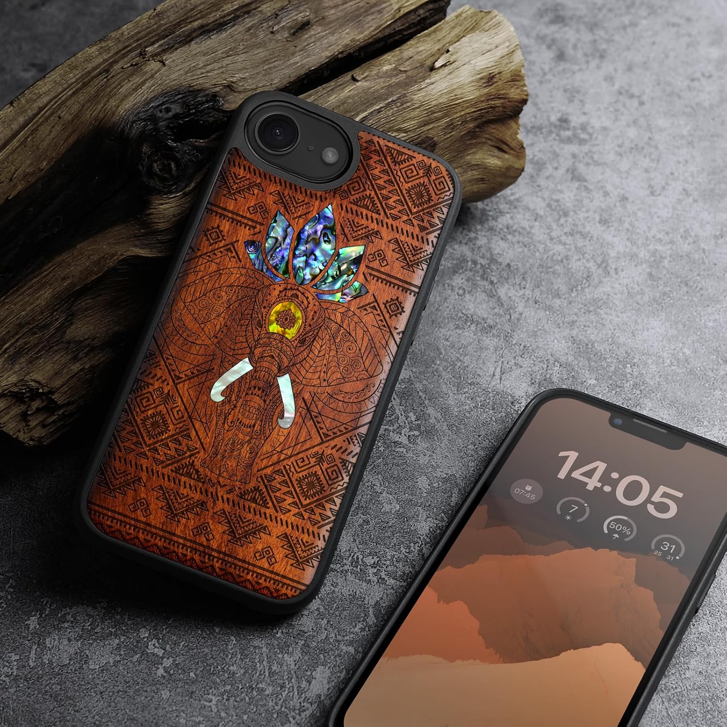 Carveit Magnetic Wooden Case for iPhone 16e / 17e, Wood Artisan Engraved & Handmade Shell Inlaid, TPU Shockproof Cover, Compatible with MagSafe Wireless Chargers, African Elephant - Rosy