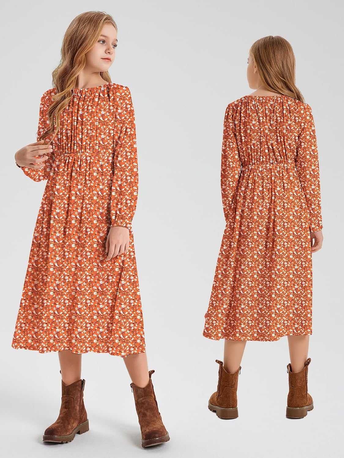 LaBeca Girls Casual Elastic Crew Neck Floral Printed Solid Color A-line Swing High Waist Midi Belted Dress with Pocket - Image 4