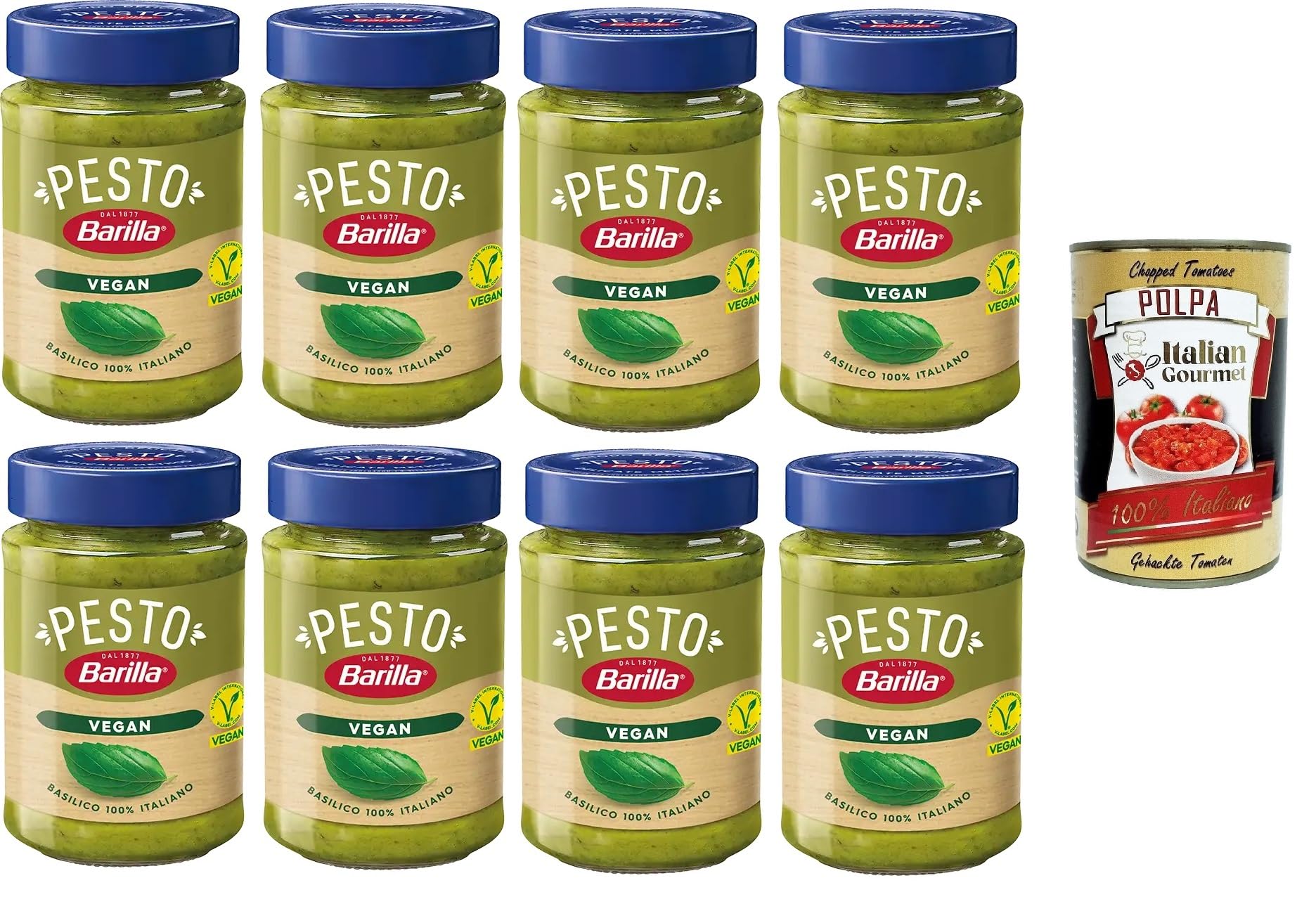 Barilla Pesto Di Basilico Vegan Condimento e Sugo per Pasta Vegano Albahaca Pesto Condimento y Salsa de Pasta, 8 x 190 g+ Polpa Gourmet Italiana 400 g