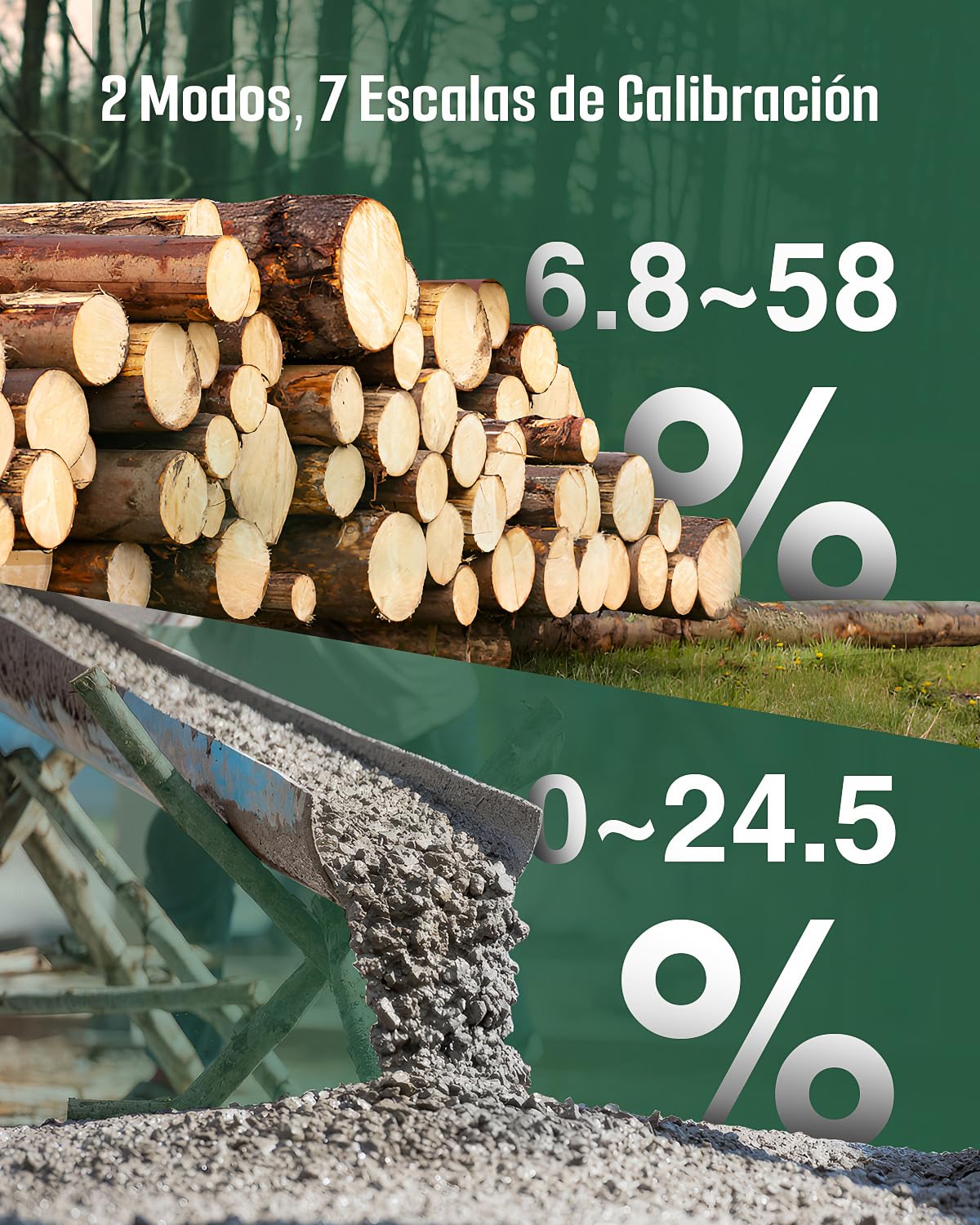 TESMEN TWM-186 Medidor de Humedad Portátil 2 Modos 7 Escalas Madera Ladrillos Paredes Verde