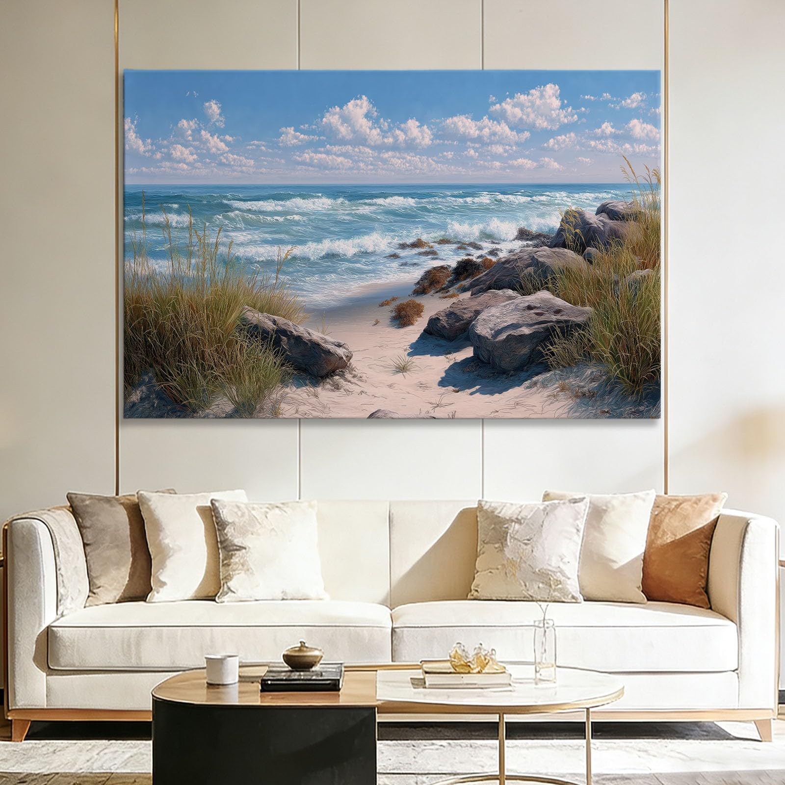 Generico Quadro su tela con cornice Documentario Costiero Dune Spiaggia, Quadri Stampa su tela soggiorno da Parete grande Quadri Blu Chiaro Decorazione Murale Arredo Camera da letto Cucina 70 x 50 cm