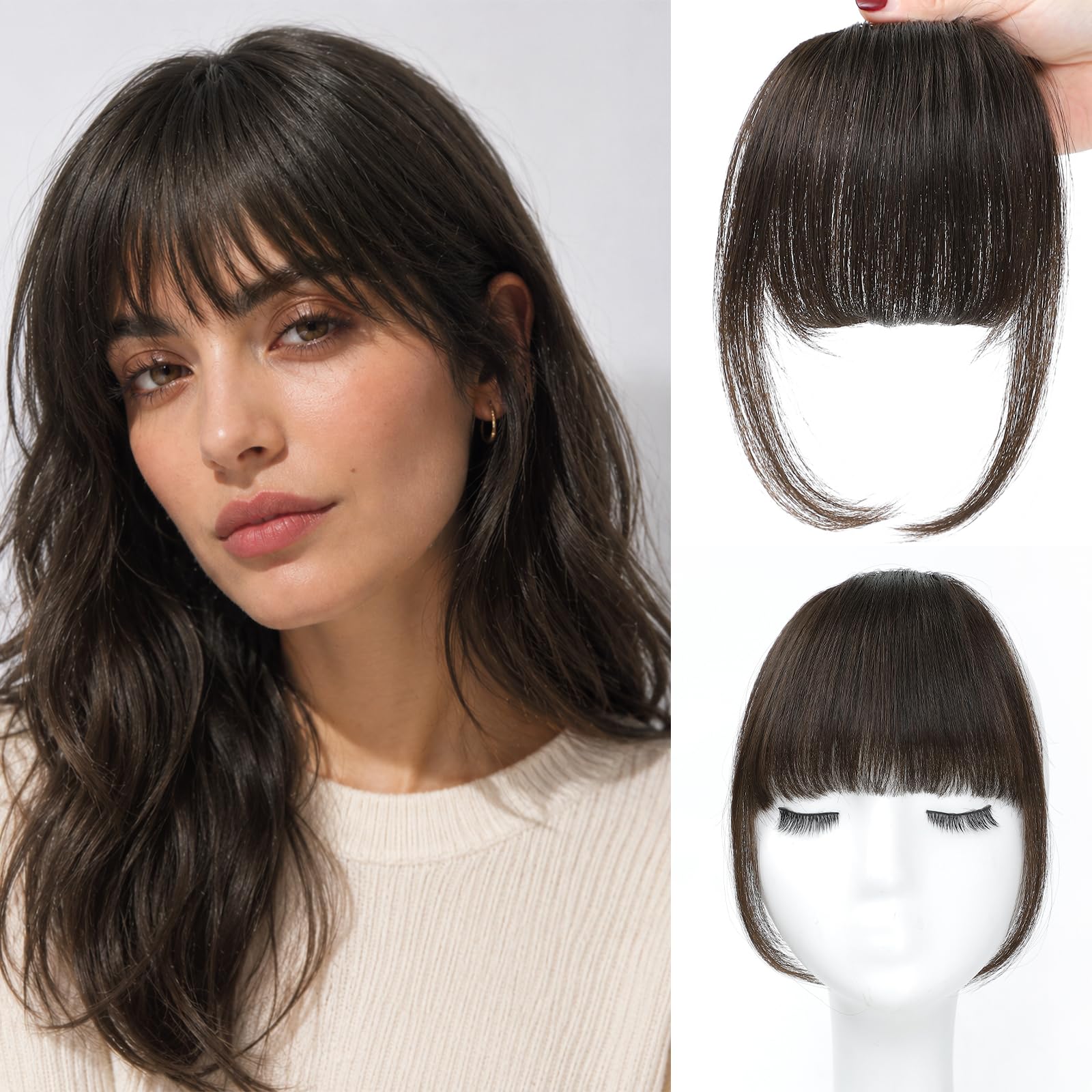 View 1 of 100% Human Hair Clip In Bangs for Women with Roller Thin Deepest Brown