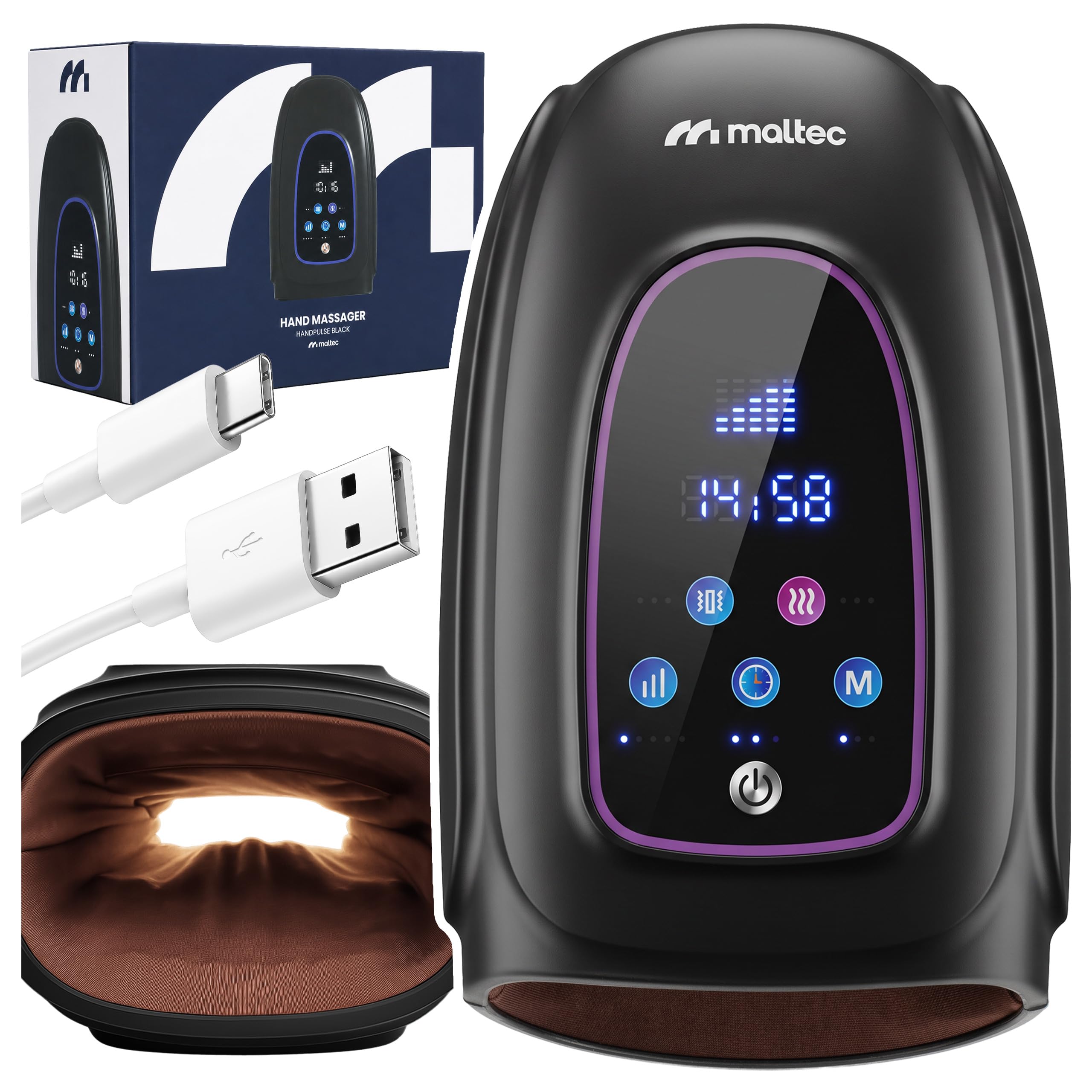MalTec Handmassagegerät mit Wärme, Vibration, 5 Stufen und Akku