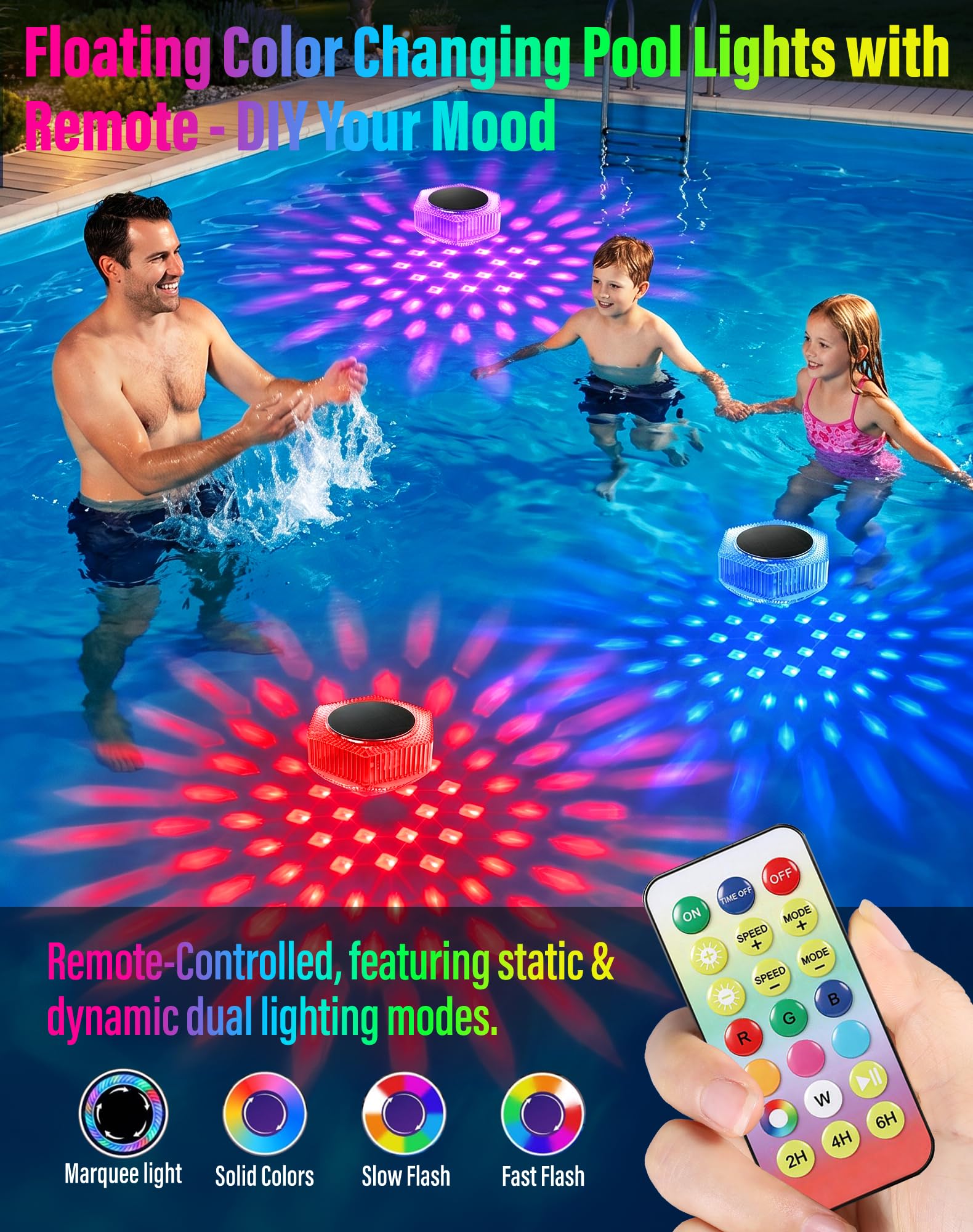 BUCASA Solar Schwimmende Poolleuchten mit Fernbedienung, IP68 wasserdicht, 4 Stück | Kompakte schwimmende Lichter verleihen Pools, Whirlpools und Teichen ein sanftes Leuchten