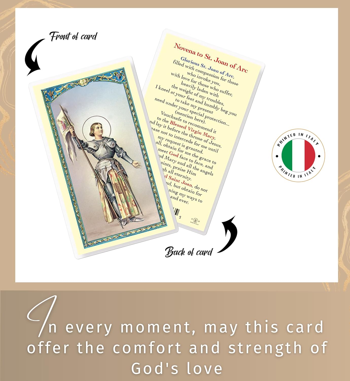 Trendzeen St Joan of Arc Medal - Oval Epoxied Saint Joan of Arc Medal, Laminated St Joan Arc Card, Our Father Prayer Card - St Joan Arc Medal Devotional Set, Total 3 Items
