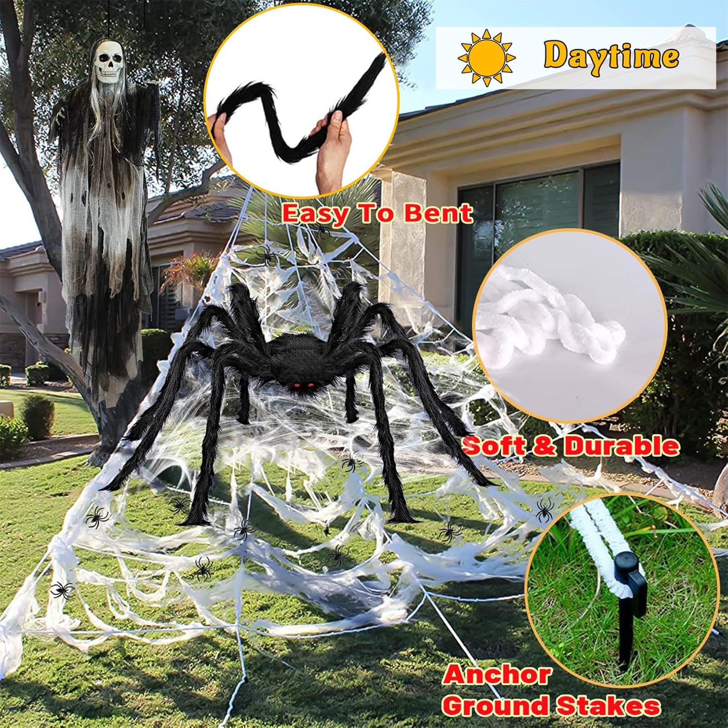 Halloween Giant Spider Web Lights Decorations Outdoor, 16.4Ft 200 LED Lighted Spider Web Light up with 8 Modes for Yard House Decor