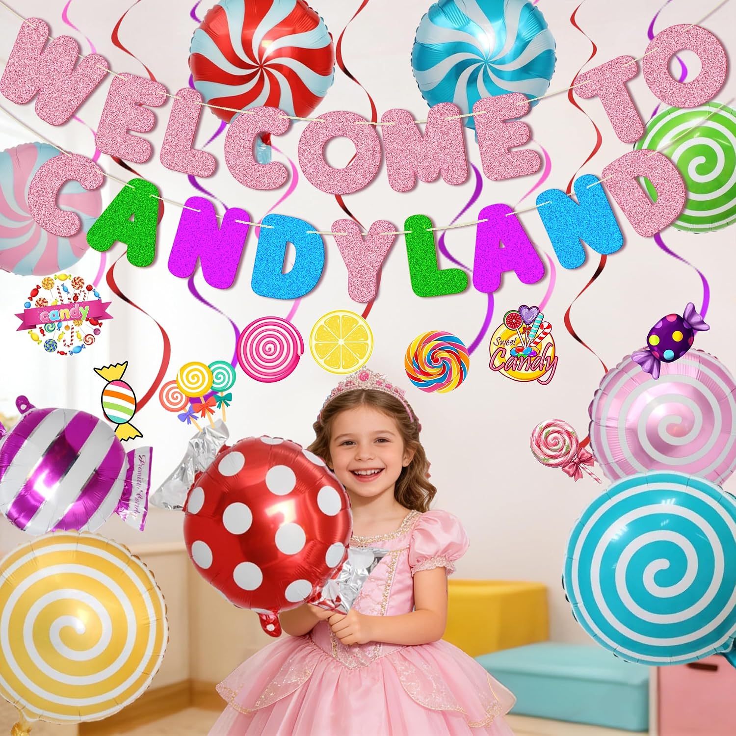 Candyland Party Decorations Suit - Candy Balloons Candies Theme Swirl And Banner for Candyland Birthday Party Baby Shower Candies Shop Classroom Decor