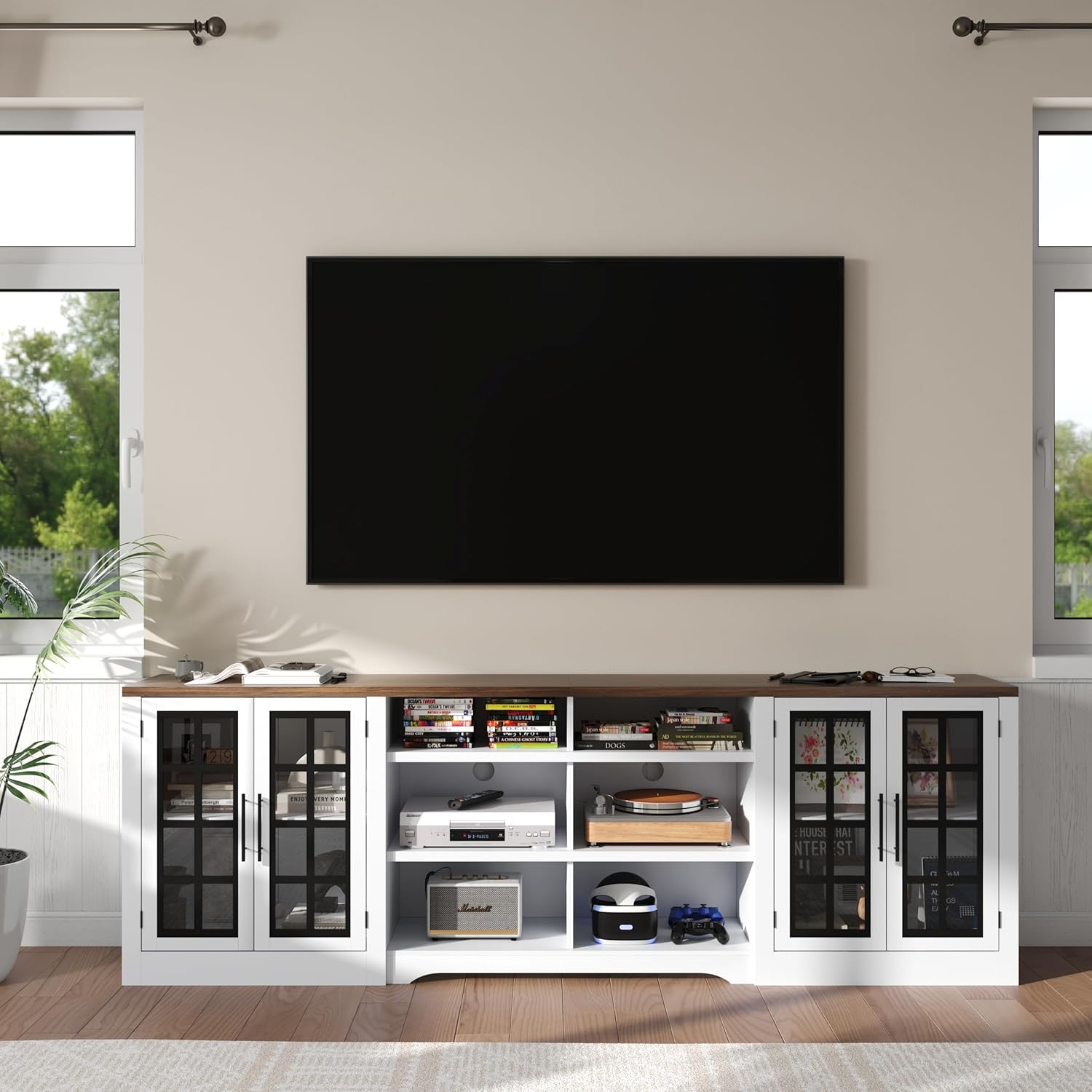 94”Farmhouse TV Stand for Living Room,Rustic TV Stand, Entertainment Center with 4 Glass Door Storage Cabinets and 6 Open Shelves Suitable for 85+ Inch TV