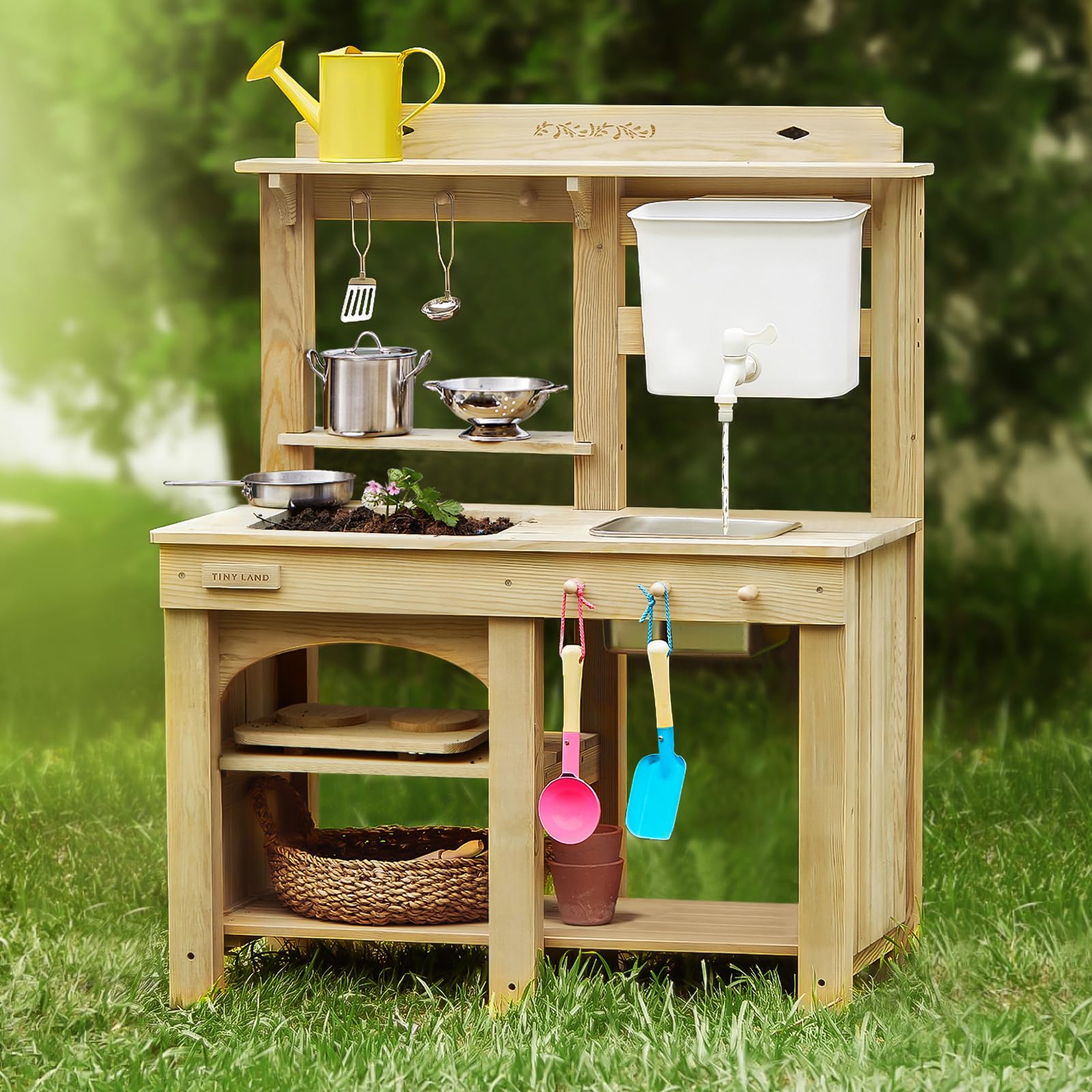Tiny Land Outdoor Mud Kitchen for Kids, Wooden Play Kitchen with Water Tank, Water Play, Cooking, & Sensory Fun, Durable & Weather-Resistant Design with Storage, Gift for Ages 3+