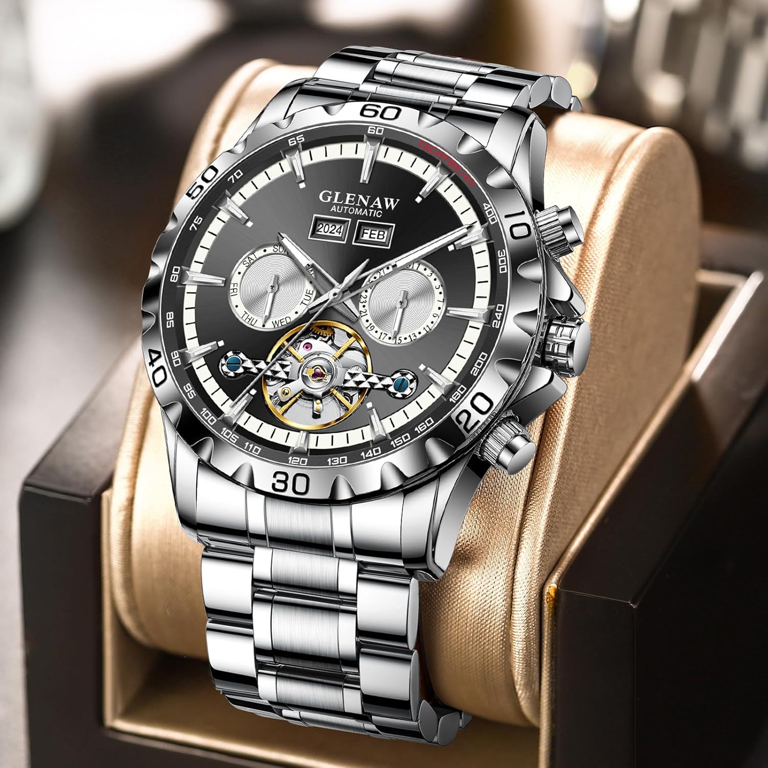 Mens Automatic Mechanical Watches Skeleton Tourbillon Day Date Luxury Self Winding Dress Wrist Watches Luminous - Image 5