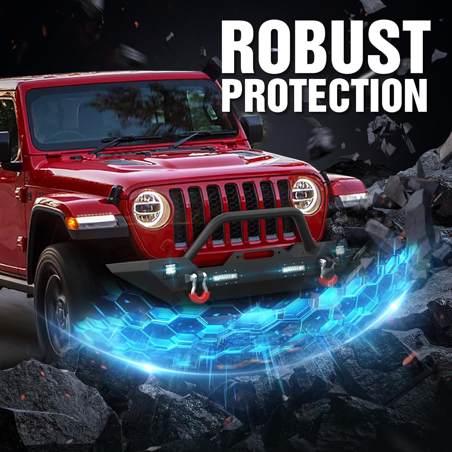for Wrangler JK Front and Rear Bumpers Compatible with 2007-2018 Jeep Wrangler JK JKU Unlimited 2/4 Doors with Winch Plate, Bull Bar, LED Lights, 2" Hitch Receiver, License Plate Frame & D-rings