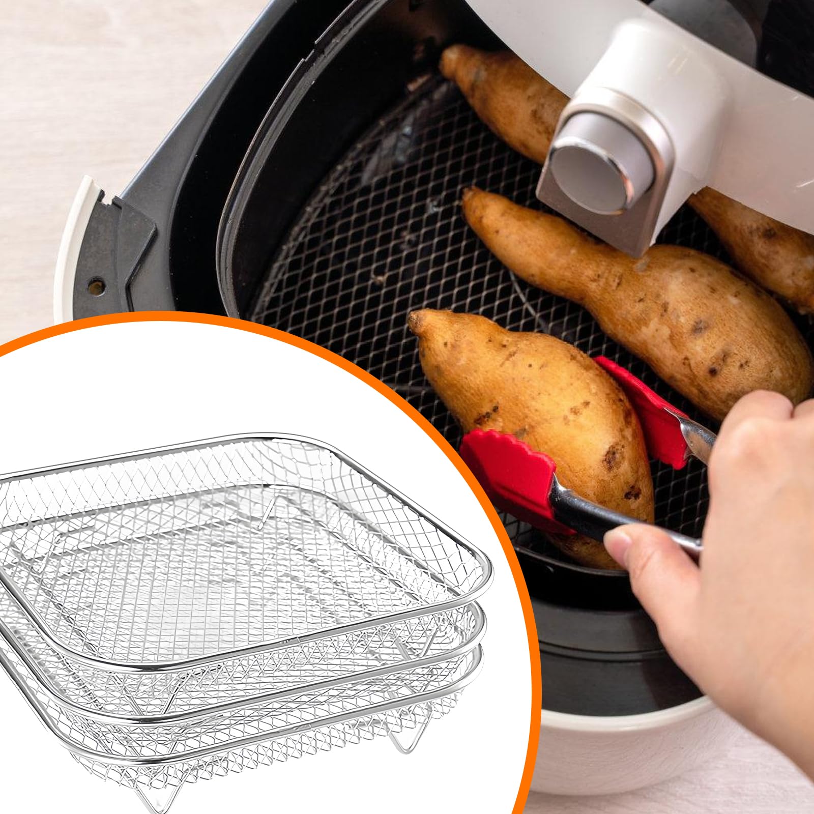 3 cesti griglia per friggitrice ad aria calda: 304 in acciaio inox con 8 piedini in silicone, cesti in acciaio inox, cesti impilabili per airfryer, friggitrice ad aria (quadrato)