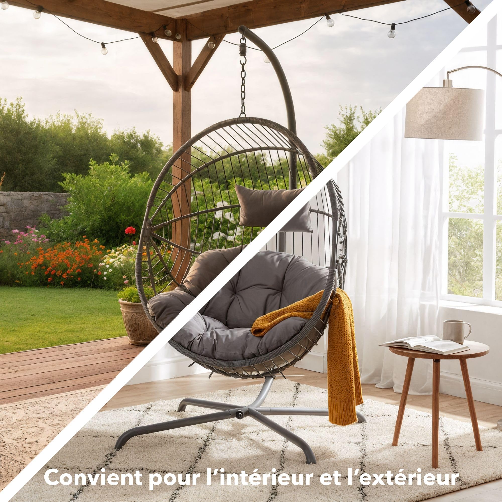 Arebos Fauteuil Suspendu avec Armature | Fauteuil Œuf Autoportant pour Jardin & Balcon | Hauteur Réglable 160–180 cm | Cadre en Acier Jusqu’à 130 kg | avec Coussins d’Assise et de Nuque
