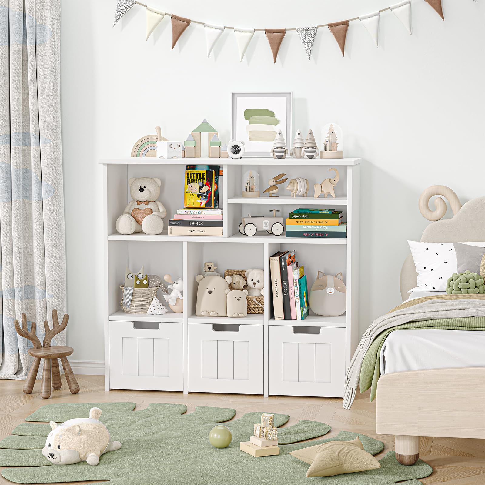 Kinderregal Mit Boxen Auf Rollen Und 6 Offenen Fächern, Kinderzimmer Möbel, Spielzeugregl, Aufbewahrungregal, Bücherregal Für Kinder, Kinderschrank, 100 x 33 x 89 cm