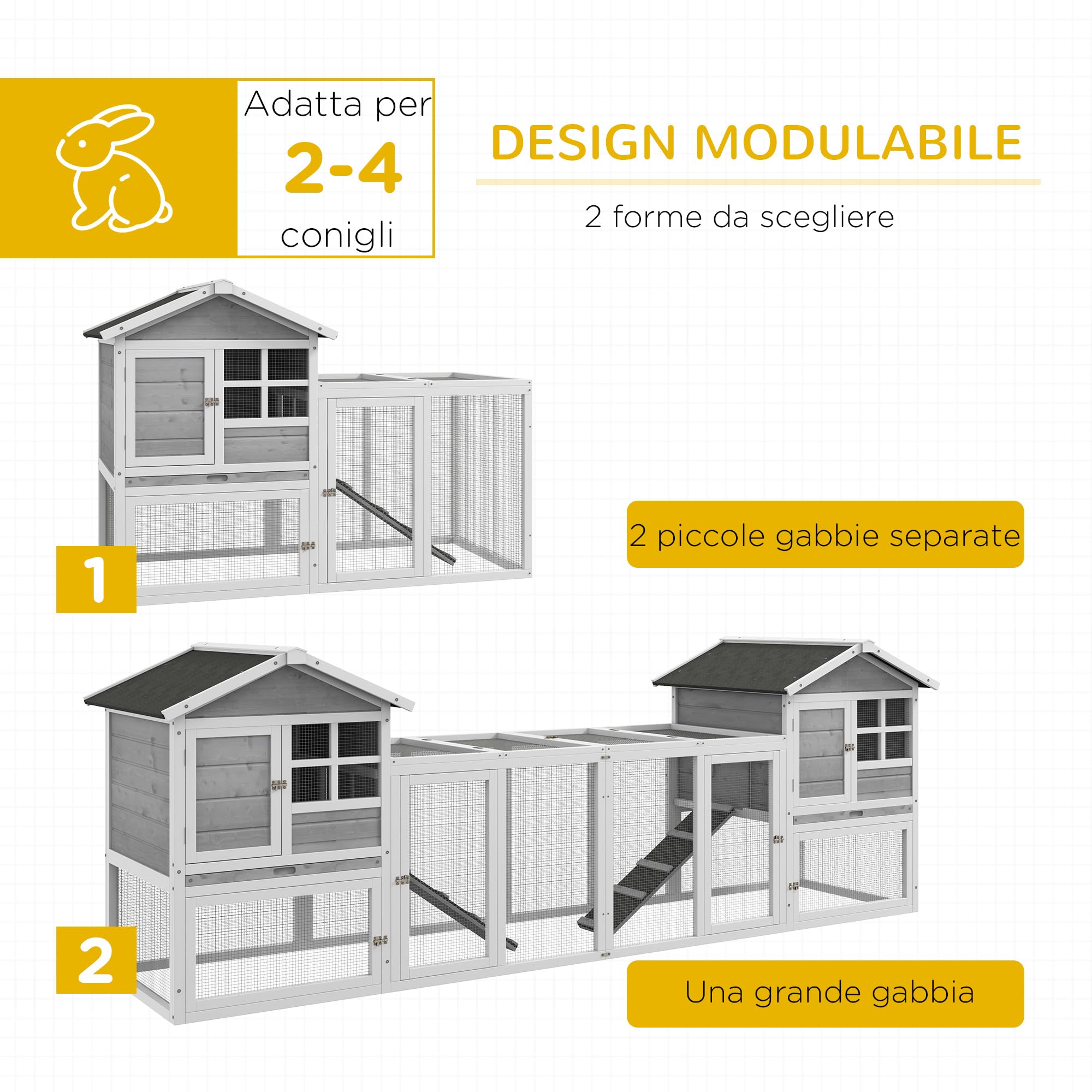 PawHut Conigliera in Legno da Esterno con 2 Casette 259x64x92 cm Grigia | Area Aperta Recintata, Porte, Rampe