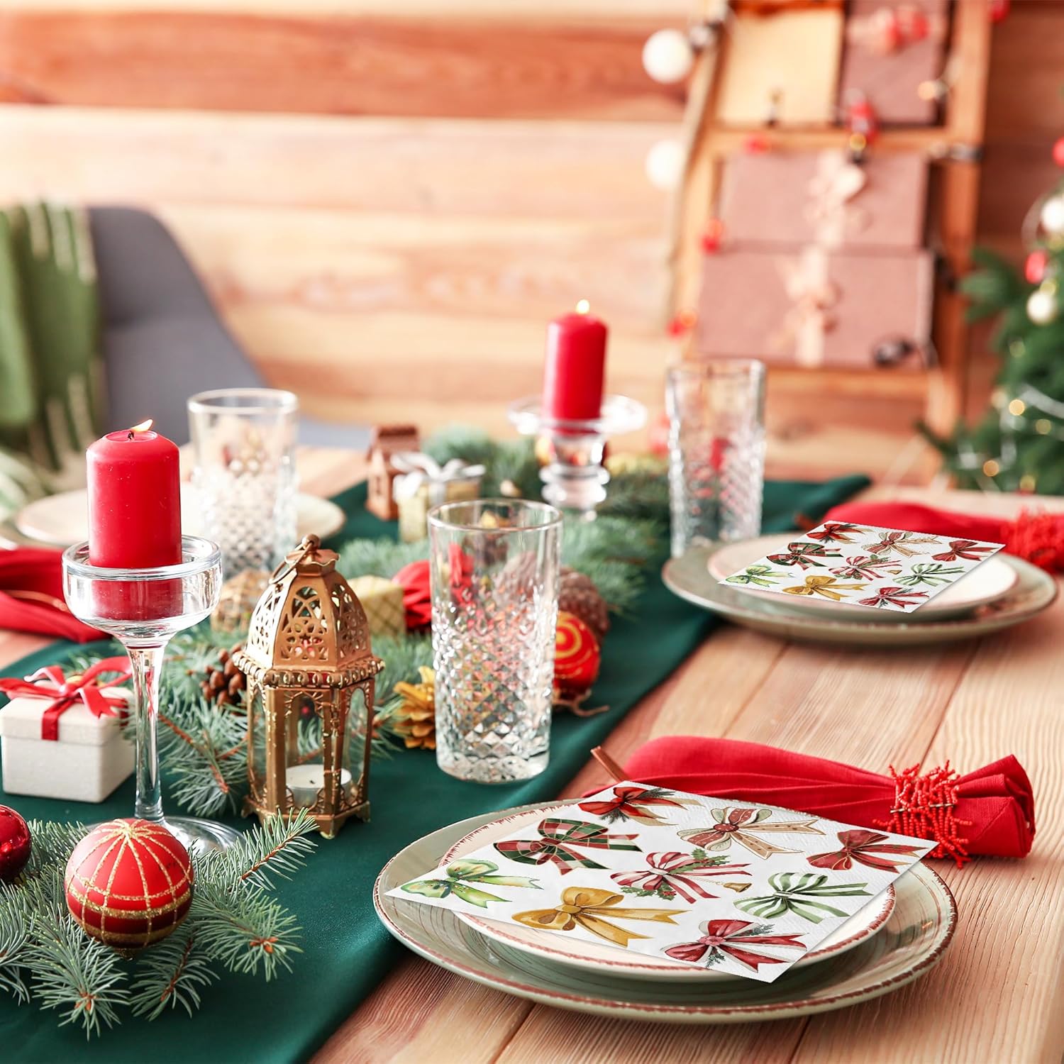 100pcs Christmas Paper Napkins Xmas Bells Bow Luncheon Napkins Disposable Christmas Tableware Xmas Napkins Holiday Decorative Napkin for Holiday Party Supplies (5 x 5 Inch)