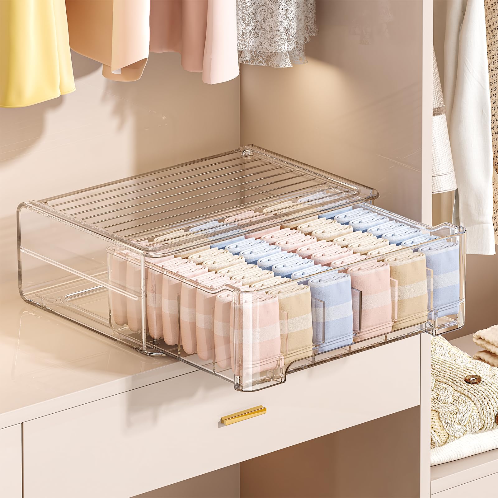 Underwear Drawer Organizer with Dividers, 24 Cell Stackable Sock Organizer for Closet, Plastic Underwear Storage Drawer for Closet, Bra Organizer for Baby Clothes, Panties, Belts, Ties, Scarf