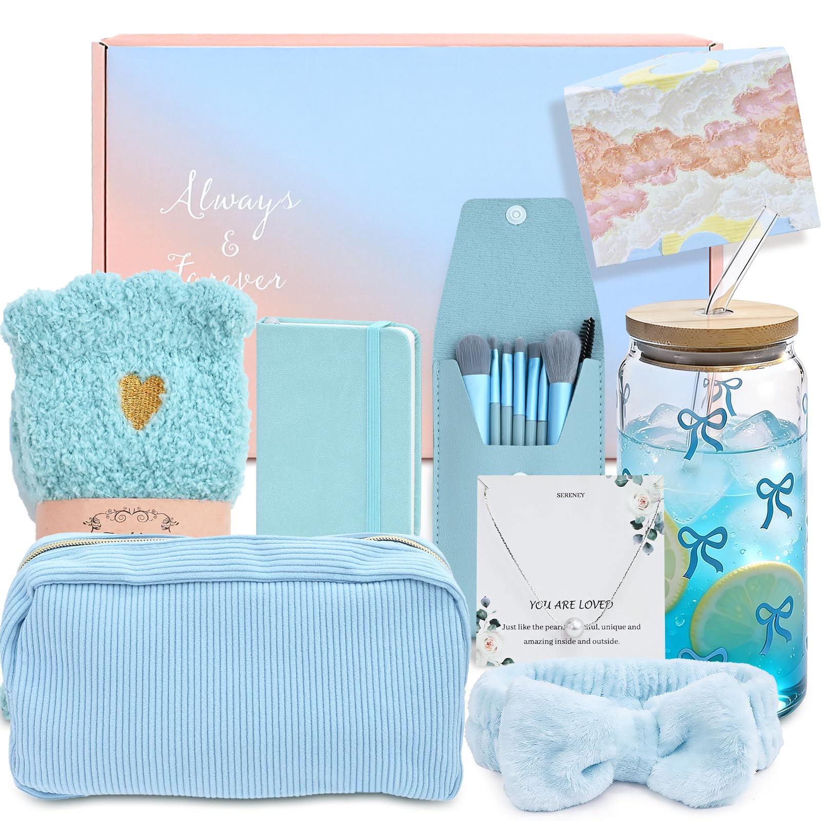 TEUYOE Gifts for Girls Teenage 9-16 Year Old, Back to School & Birthday Presents with 500ml Bow-Print Glass, Makeup Brush, Makeup Bag, Hairband, Socks, Necklace, Notebook, Greeting Card