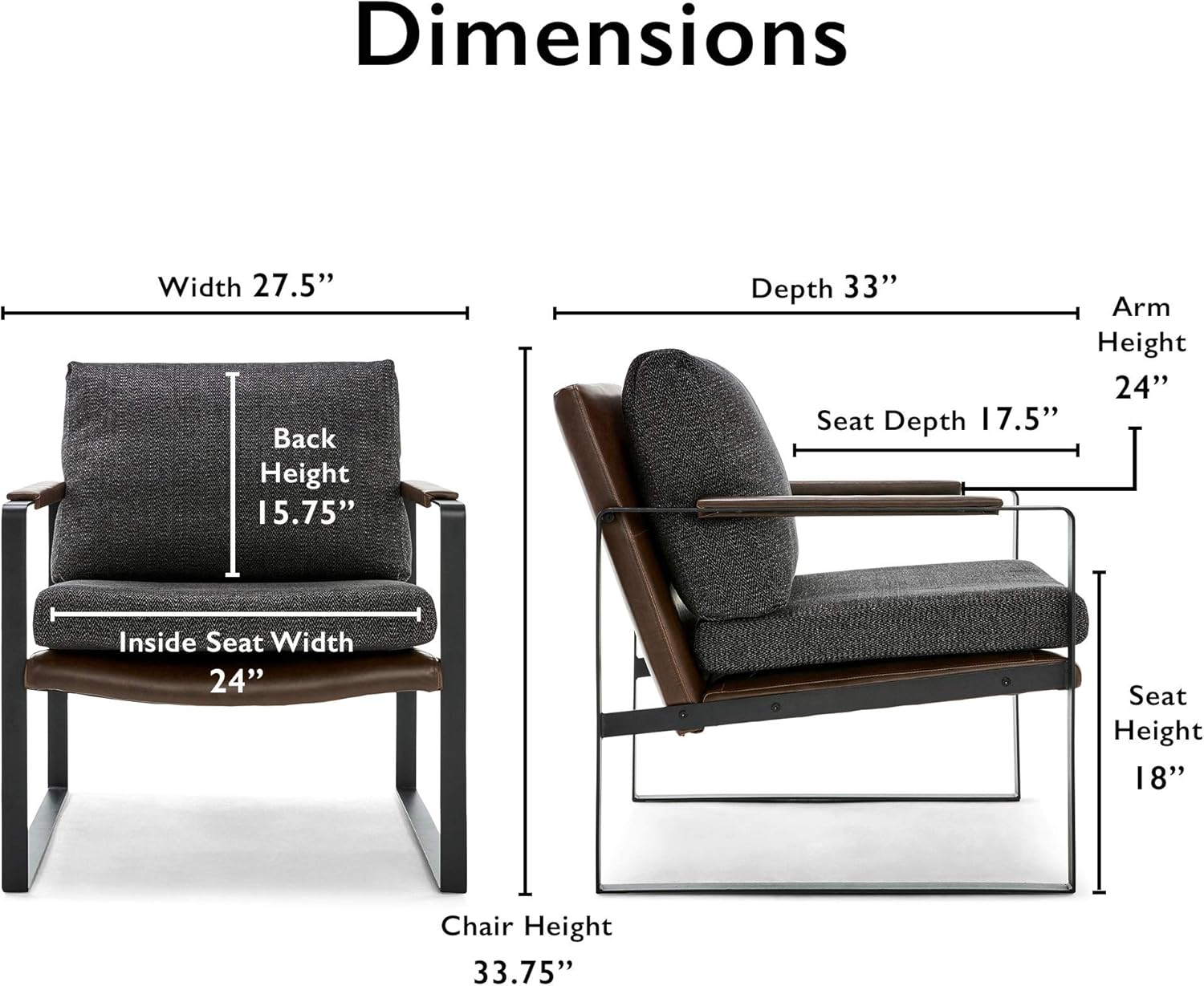 Finch Everett Faux Leather Accent Chair, Square Metal Frame, Removable Covers, Medium-Soft Cushions, Mid-Century Modern Armchair, Industrial LoungeChair for Living Room, Bedroom or Office, Gray