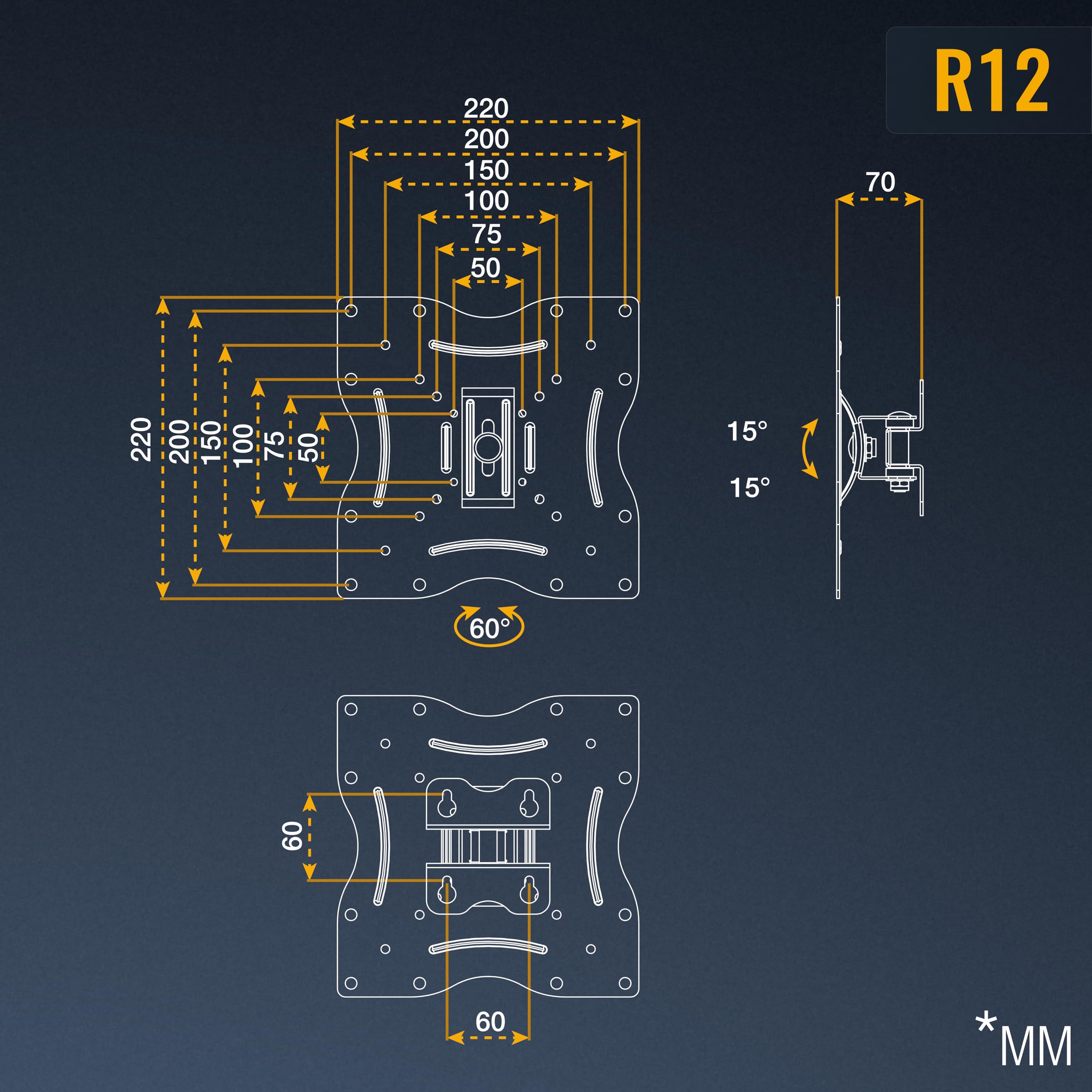 RICOO R12 Support Mural TV 32 40 42 43 48 50 55 Pouces VESA 75x75 100x100 100x200 200x100 200x200 Orientable Inclinable Rotatif Universel Fixation Murale TV