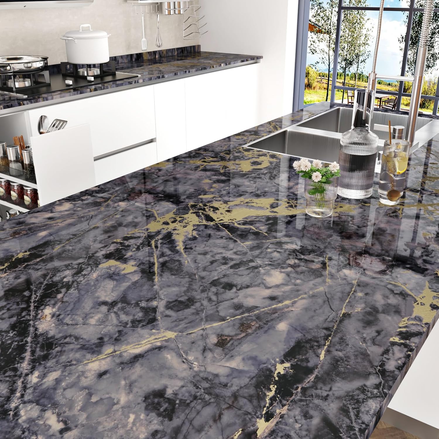 Purple Gold Marble Contact Paper Peel and Stick Countertops Waterproof Luxury Marble Wallpaper Glossy Vinyl Countertop Contact Paper for Kitchen Bathroom Cabinets Counter Covering 15.8 x 80 in