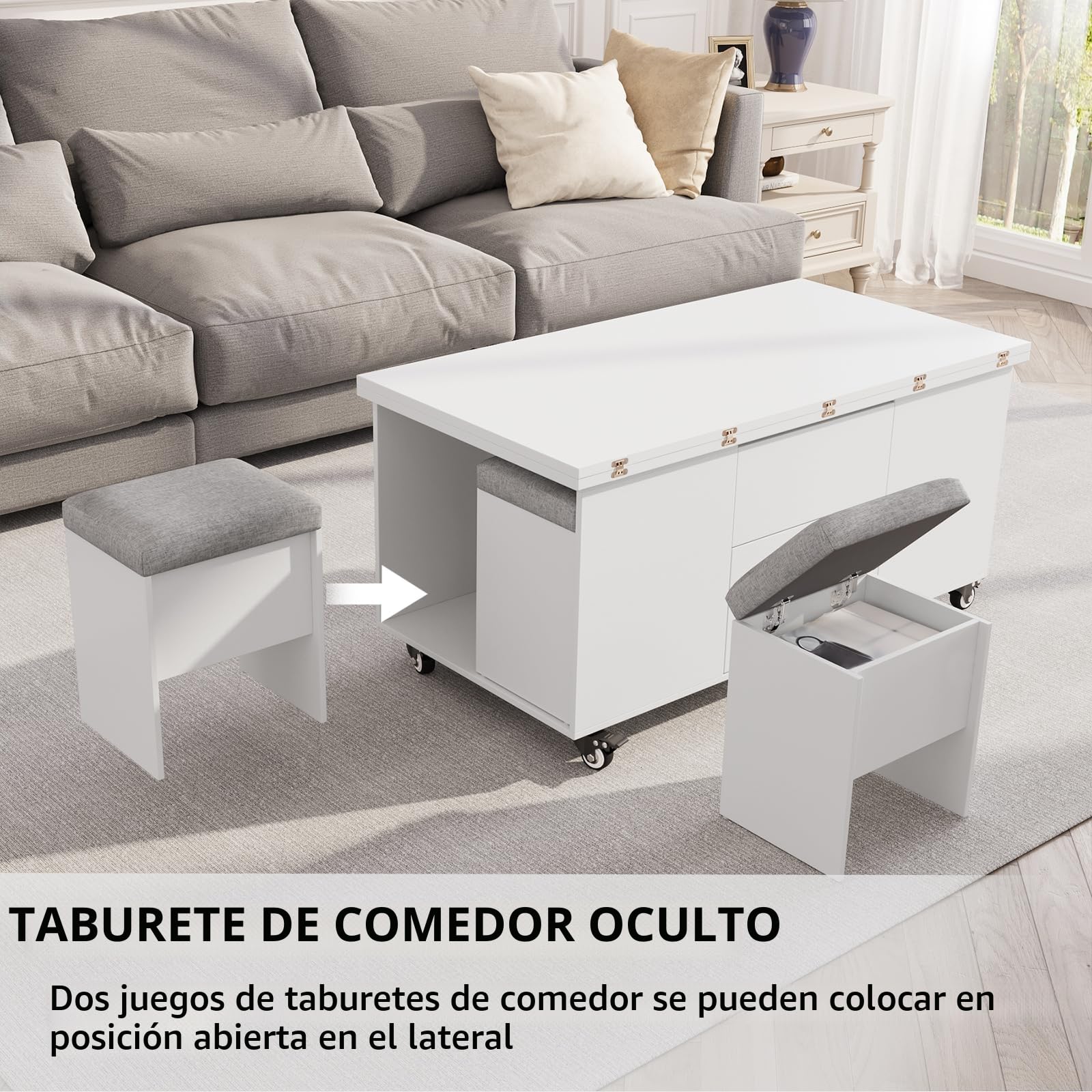 VOWNER Mesa de Centro Elevable, 4 en 1 Mesa de Salón Multifuncional, Mesa de Centro Convertible en Mesa de Comedor de Salón, 108L x 105P x 68H cm, con 4 Taburetes, (Blanco)