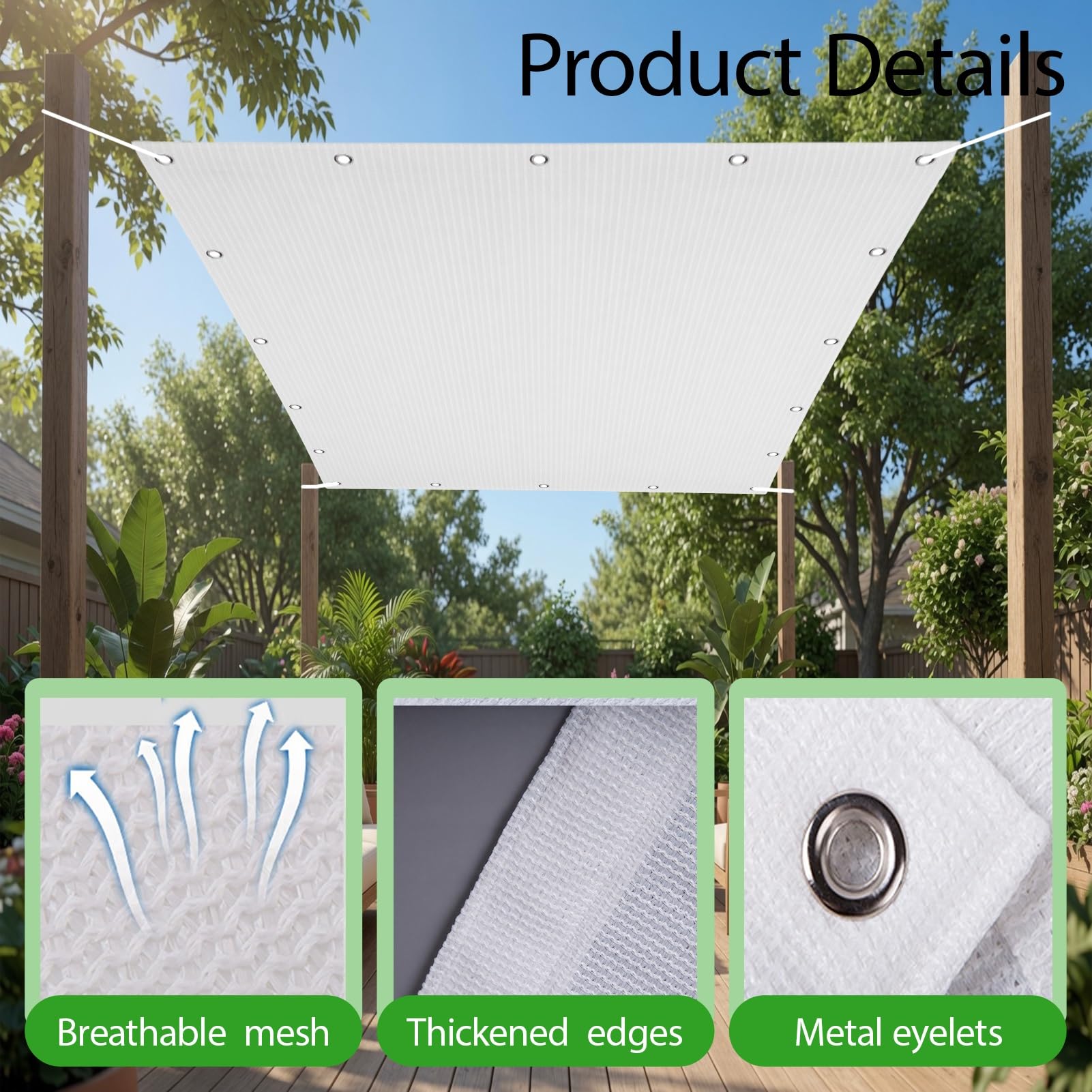 Żagiel Przeciwsłoneczny HDPE Prostokątny 210 x 515 cm Oddychający HDPE Oddychający Oczka Ze Stali Nierdzewnej Dla Patio, Dziedzińca I Basenu, Biały